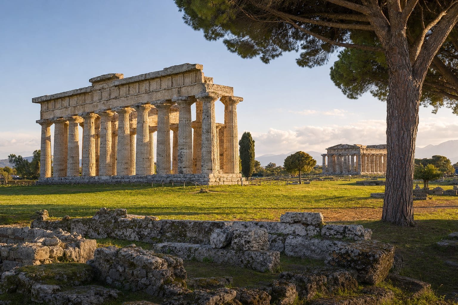 A Doric temple of Paestum under its umbrella pine at dusk