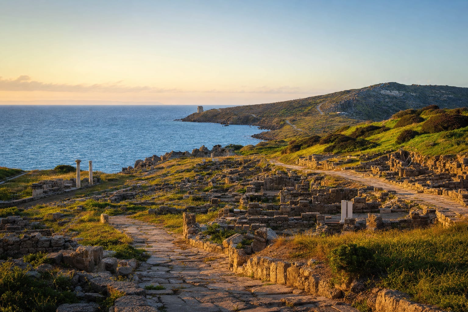 The basalt streets of Tharros running into the Sinis sea