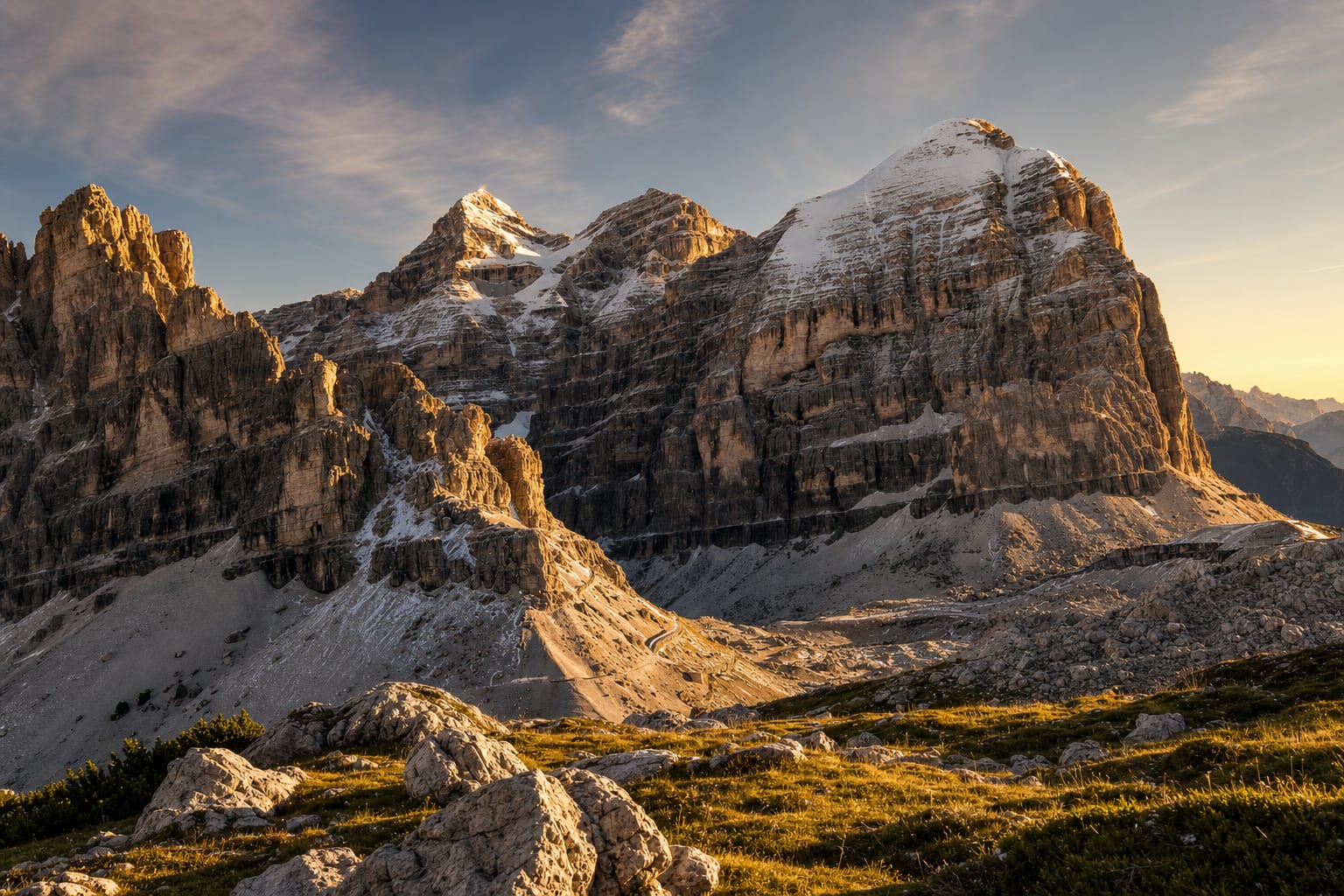 The Tofane's pale walls catching evening light above Cortina