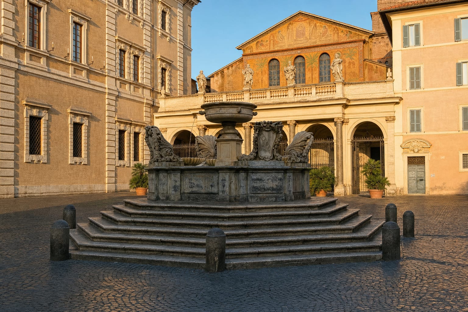 The fountain and golden facade of Santa Maria in Trastevere at dawn