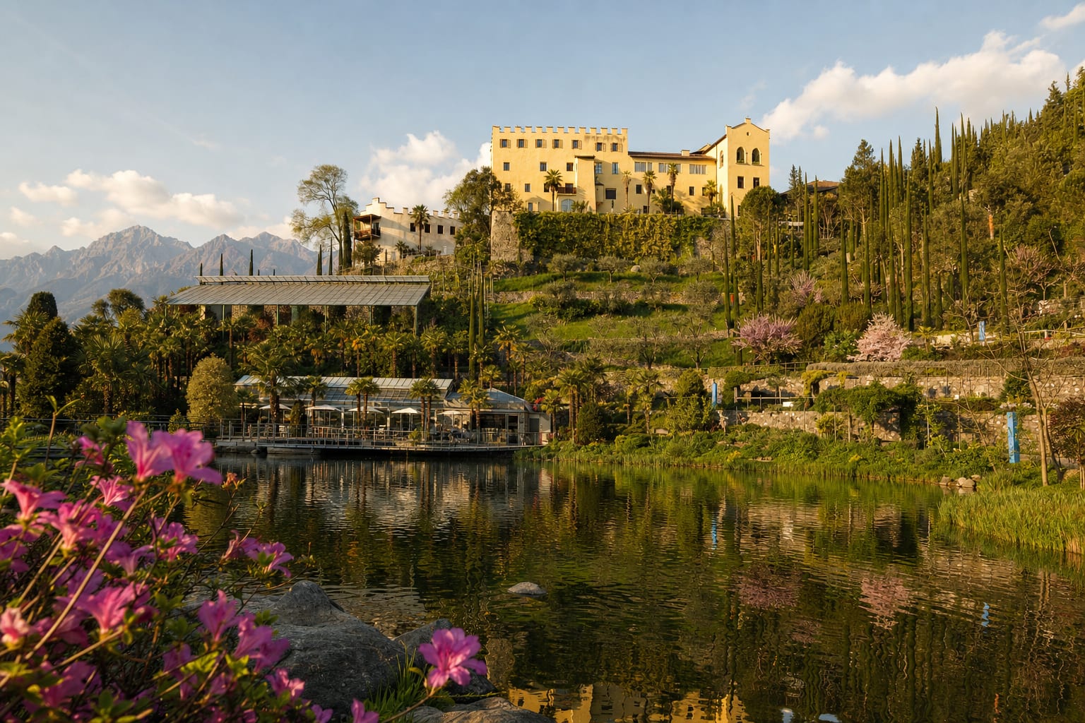Trauttmansdorff's gardens terracing up to Sissi's castle, Merano