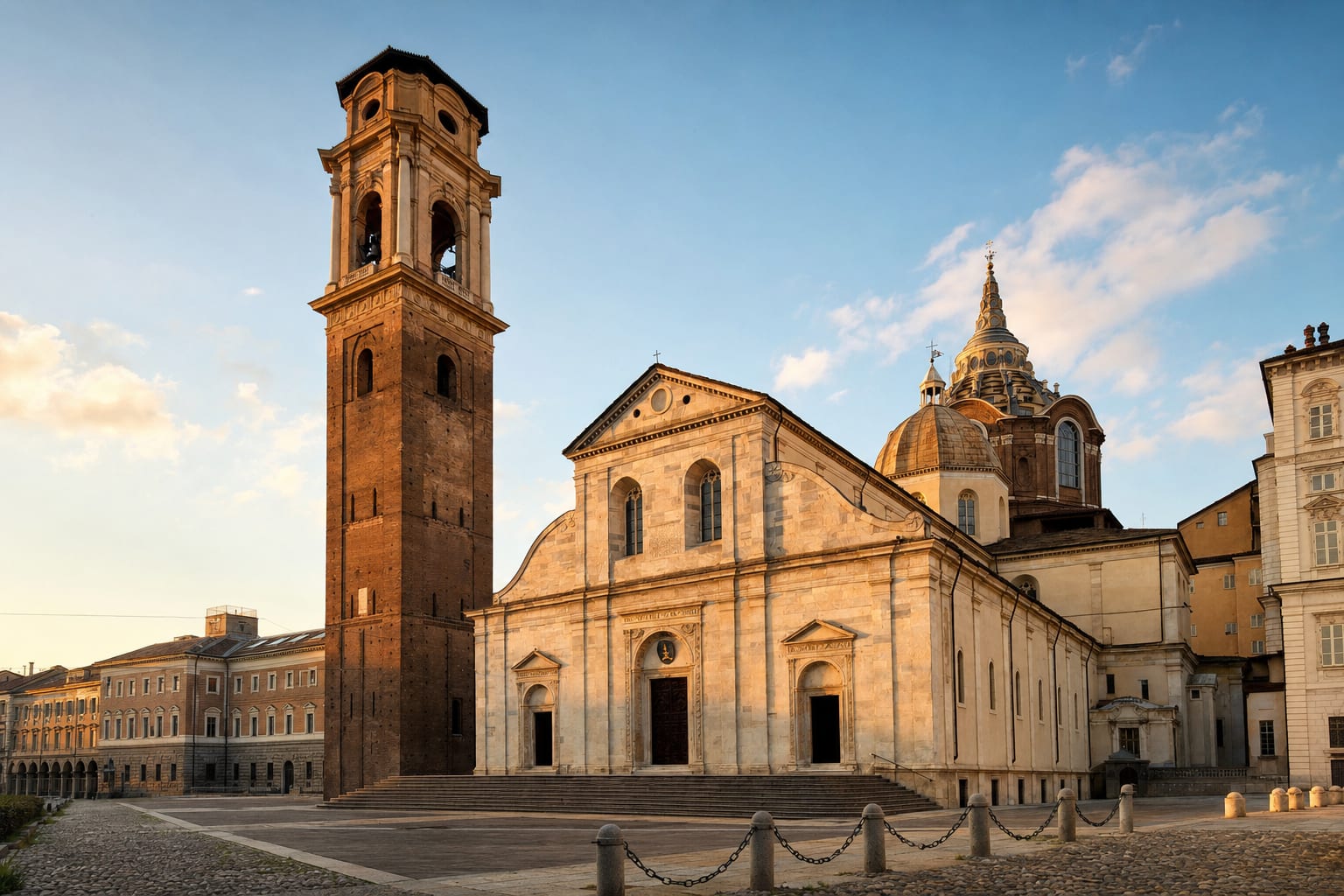 Turin Cathedral with the Shroud chapel dome rising behind