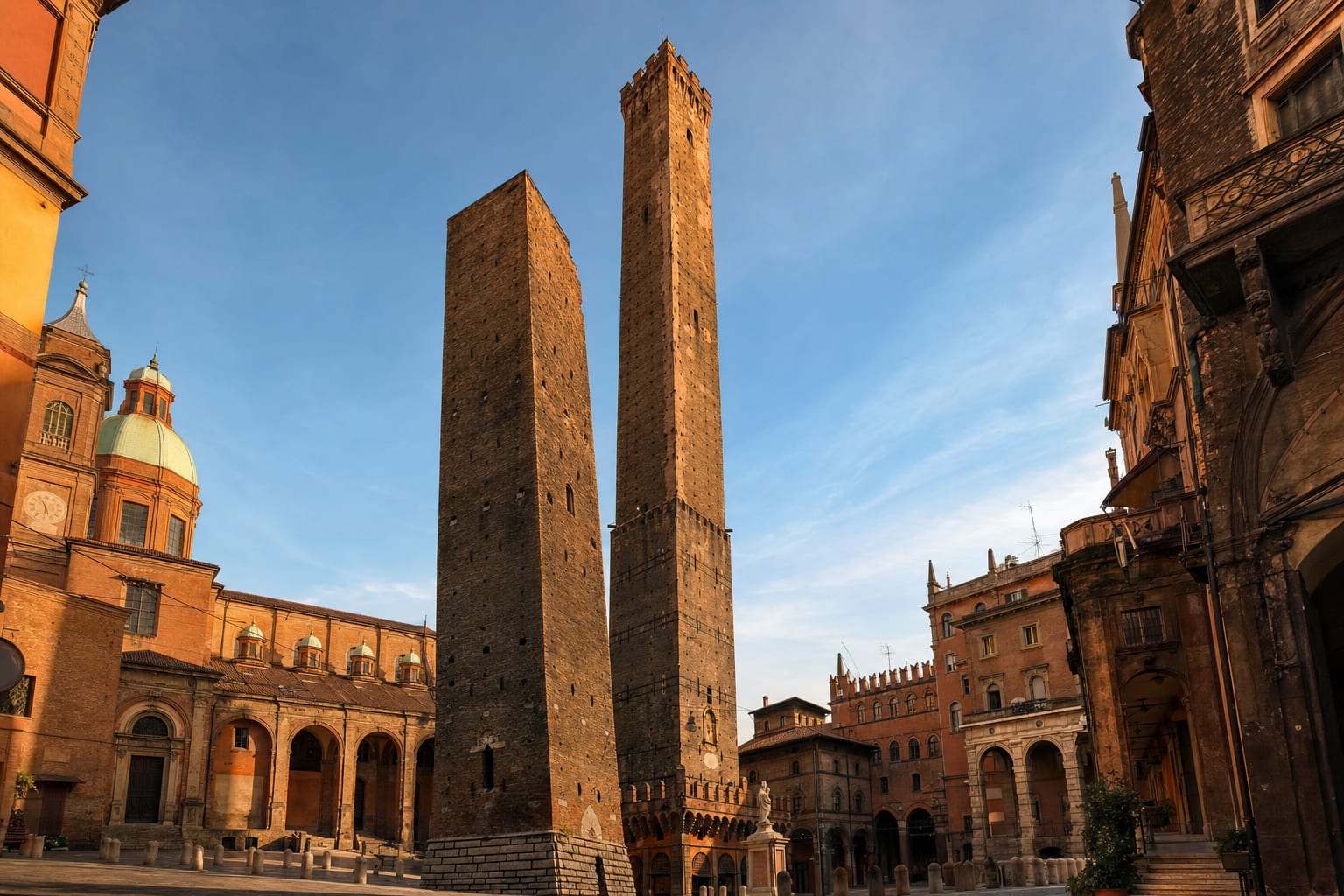 The Asinelli and leaning Garisenda towers over Bologna's rooftops