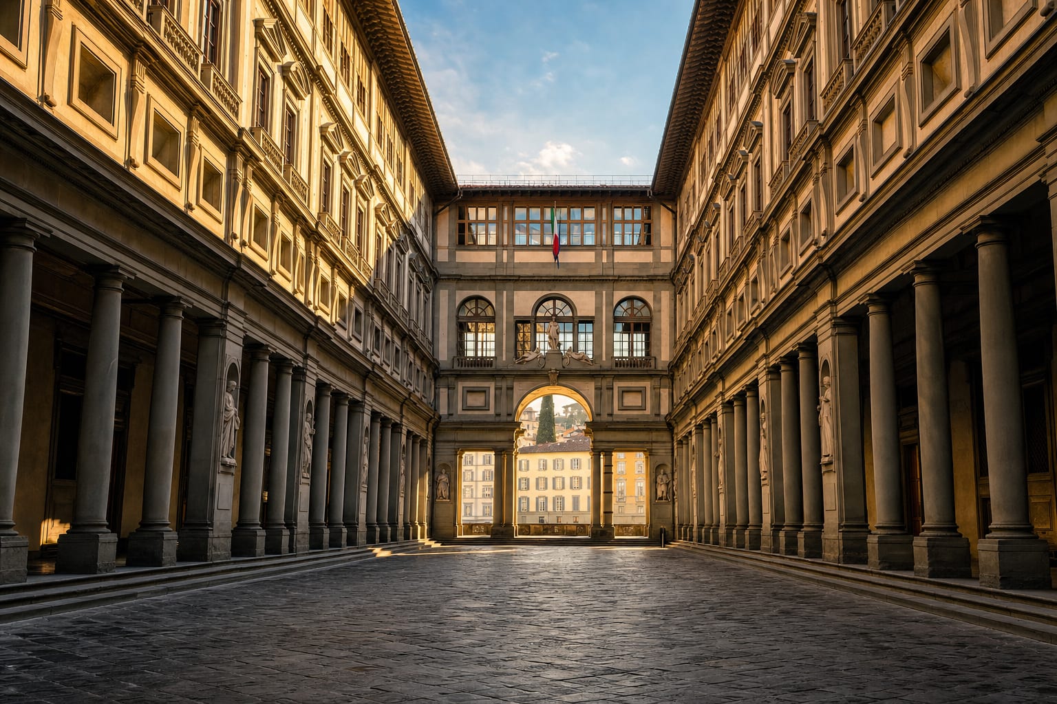 The Uffizi's long courtyard running toward the Arno