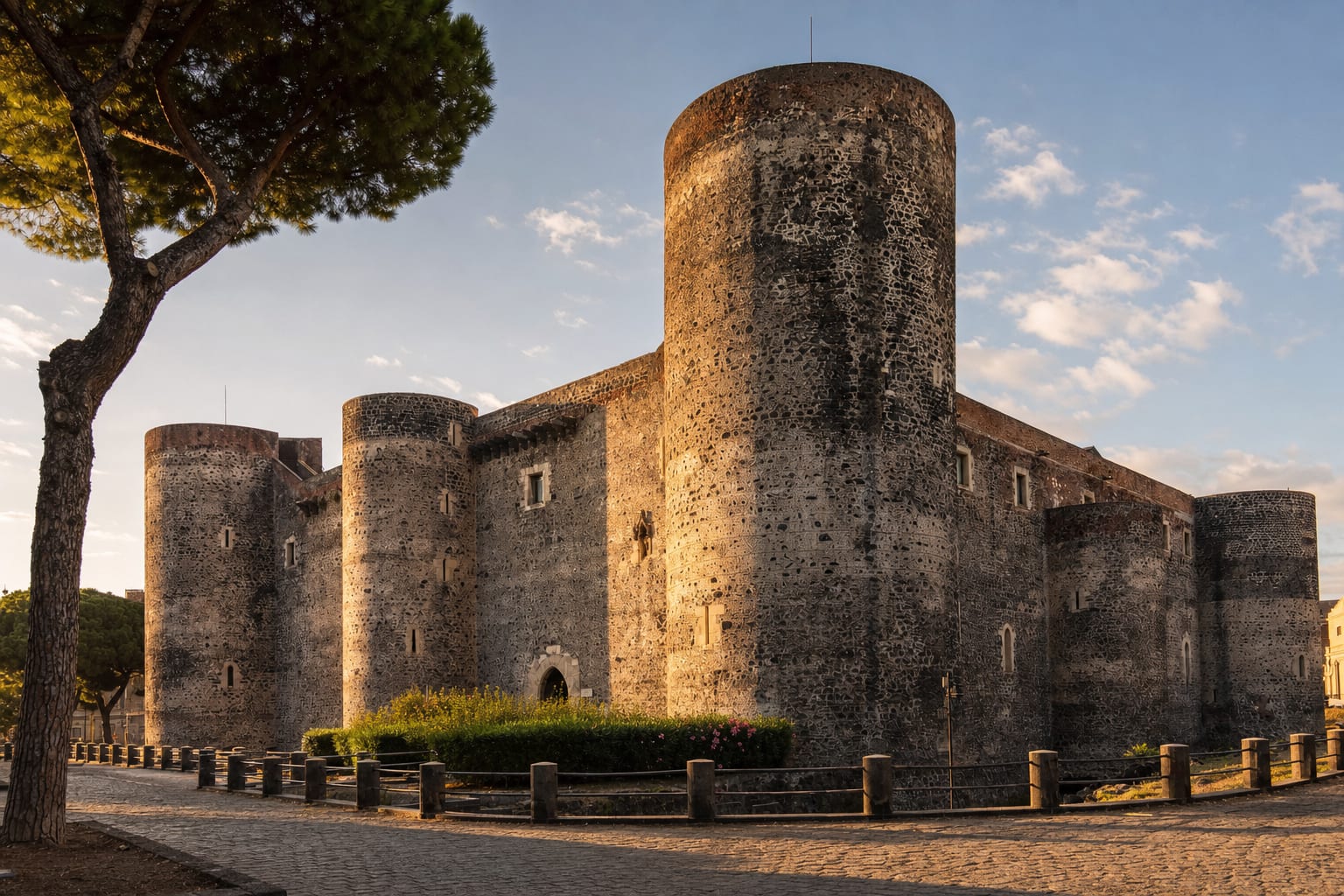 The lava-dark drums of Castello Ursino, stranded inland by Etna
