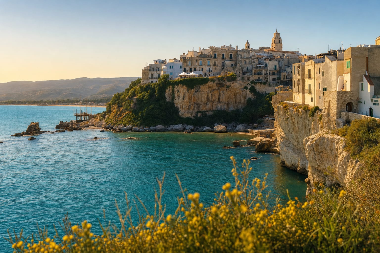 Vieste's white old town riding its cliff above the Gargano sea