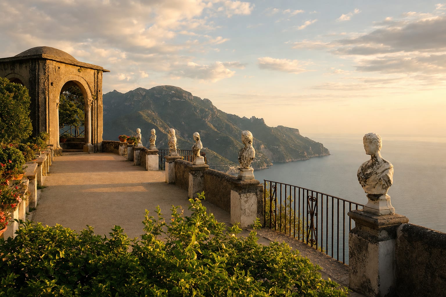 Marble busts along Villa Cimbrone's Terrace of Infinity, Ravello