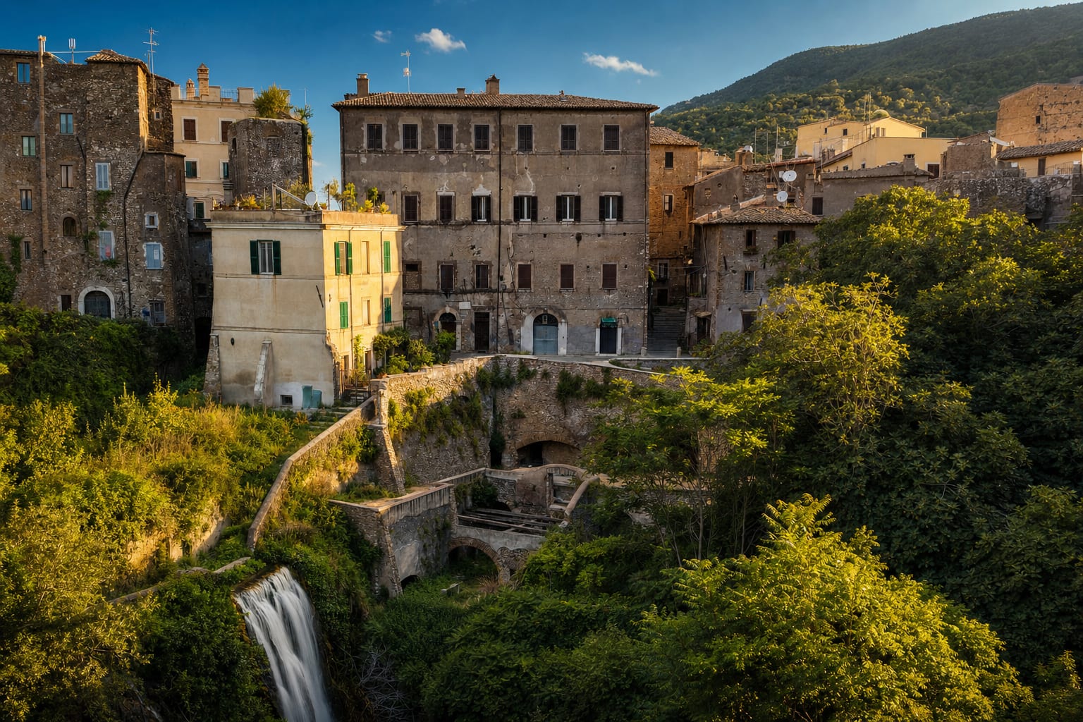 The wooded gorge of Villa Gregoriana beneath old Tivoli