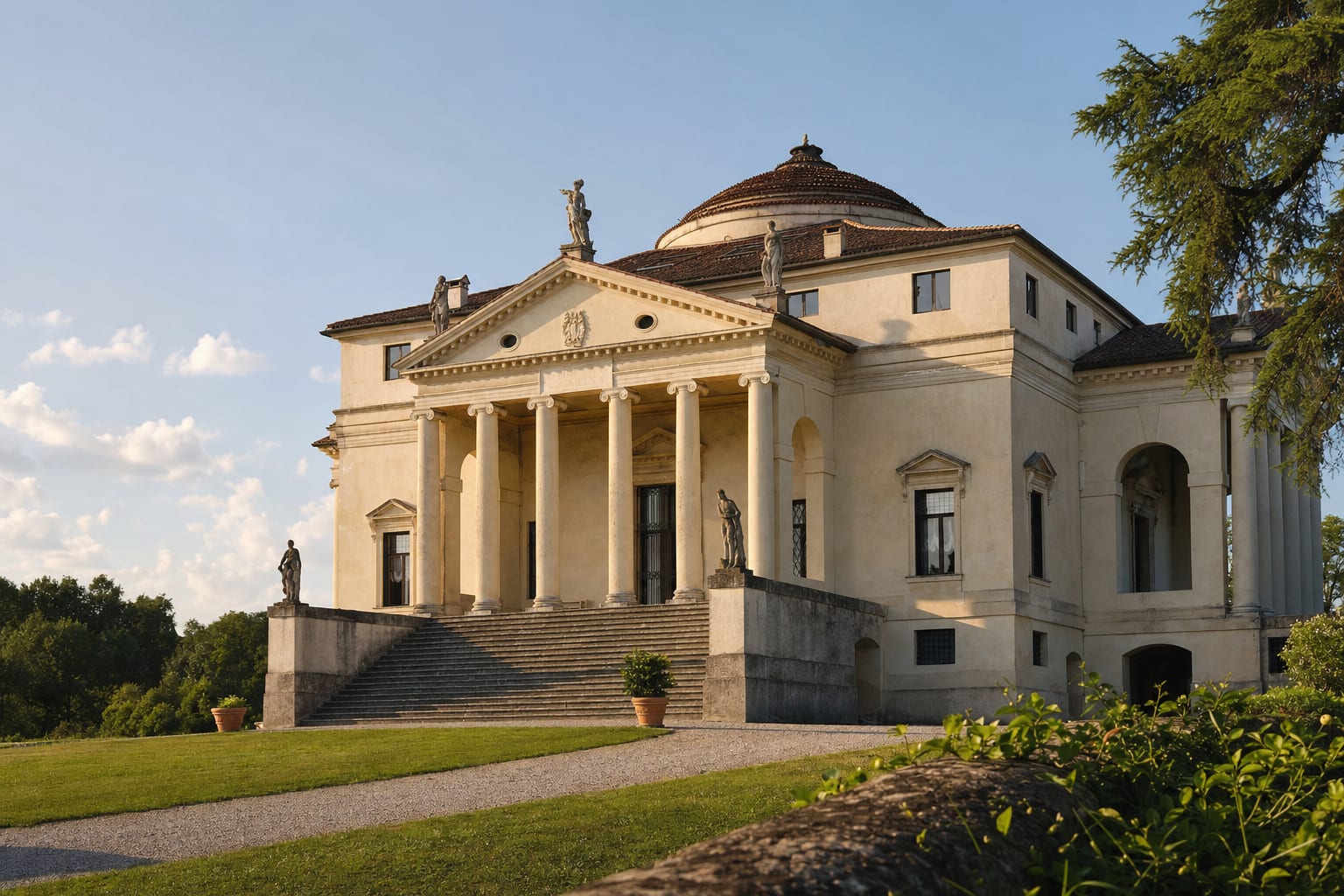 Palladio's Rotonda showing two of its four temple fronts at dusk