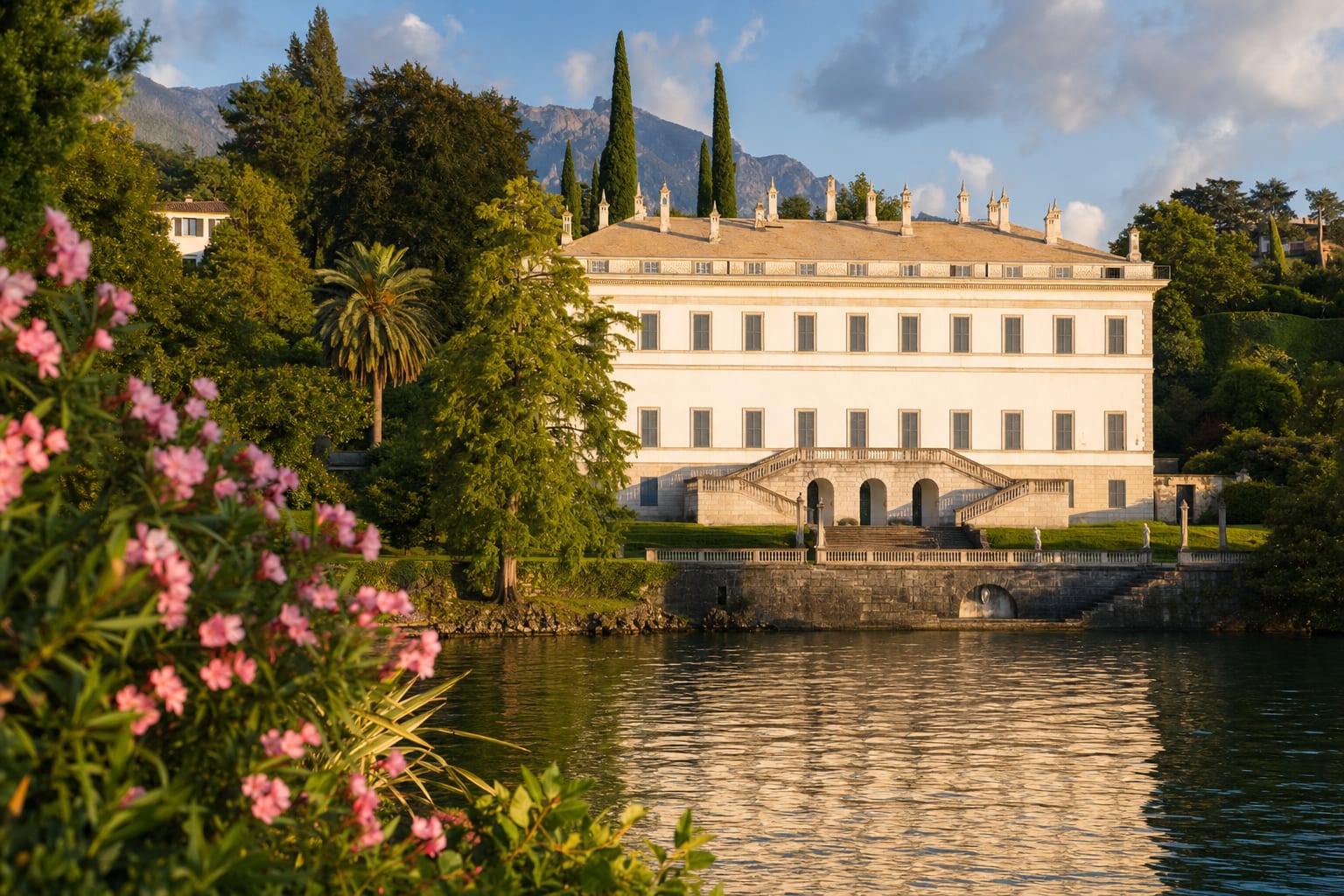 Villa Melzi's white front along Bellagio's lakeside walk