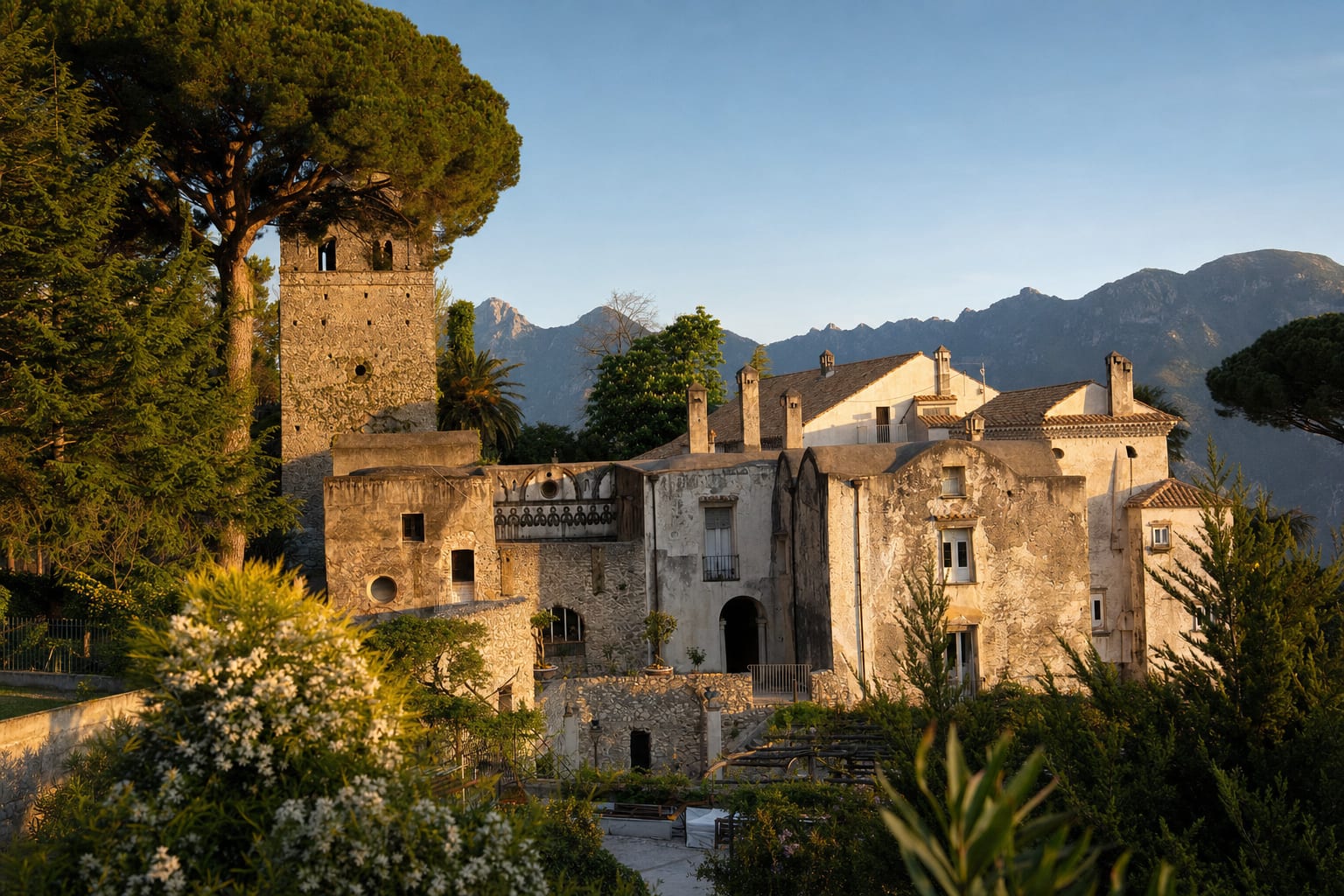 Villa Rufolo's tower over its flowered terraces, Ravello