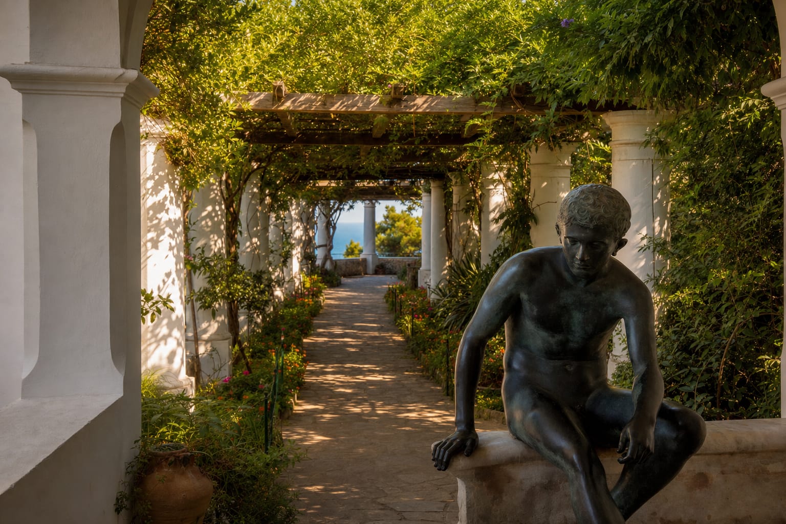The pergola walk of Villa San Michele above the Gulf of Naples