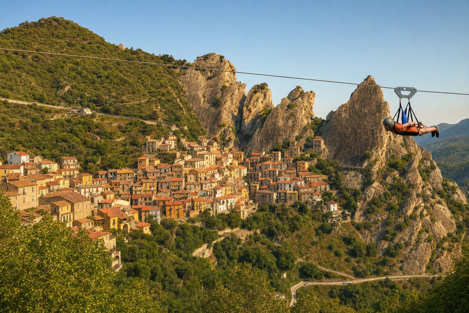 A flyer crossing the gorge on the Volo dell'Angelo above Castelmezzano