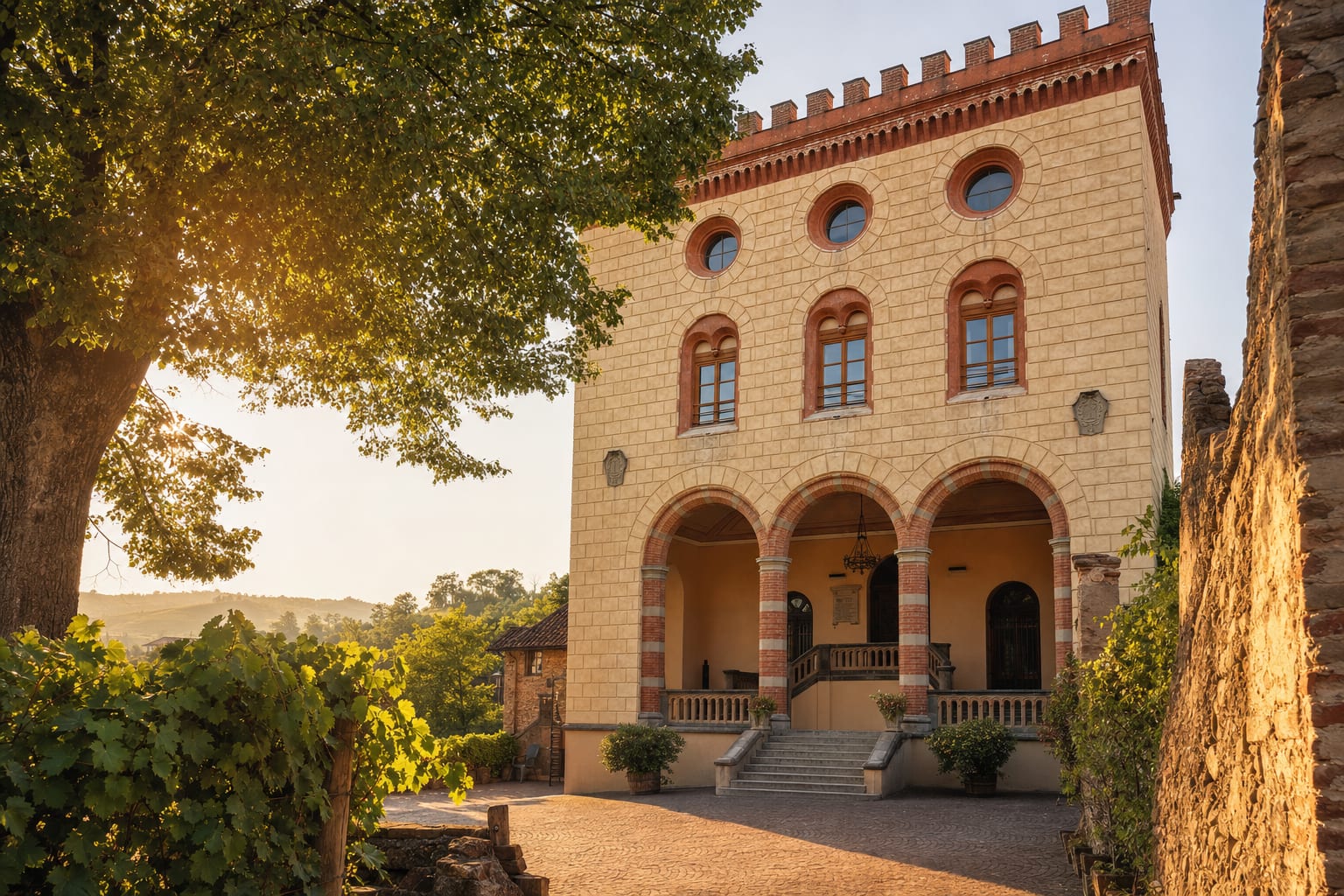 The arcaded front of the Falletti castle, Barolo's wine museum