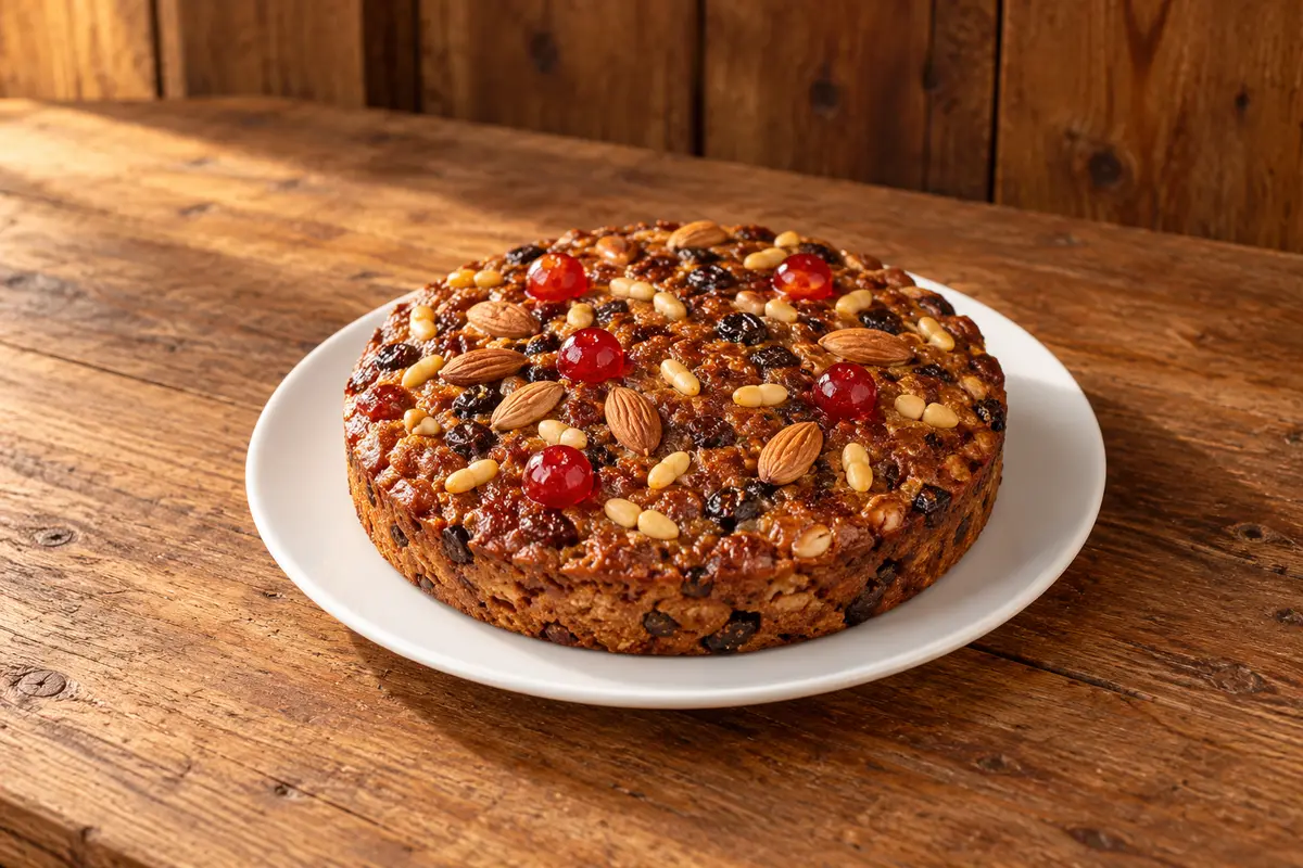 Trentino zelten with almonds, pine nuts and candied cherries on a wooden market counter