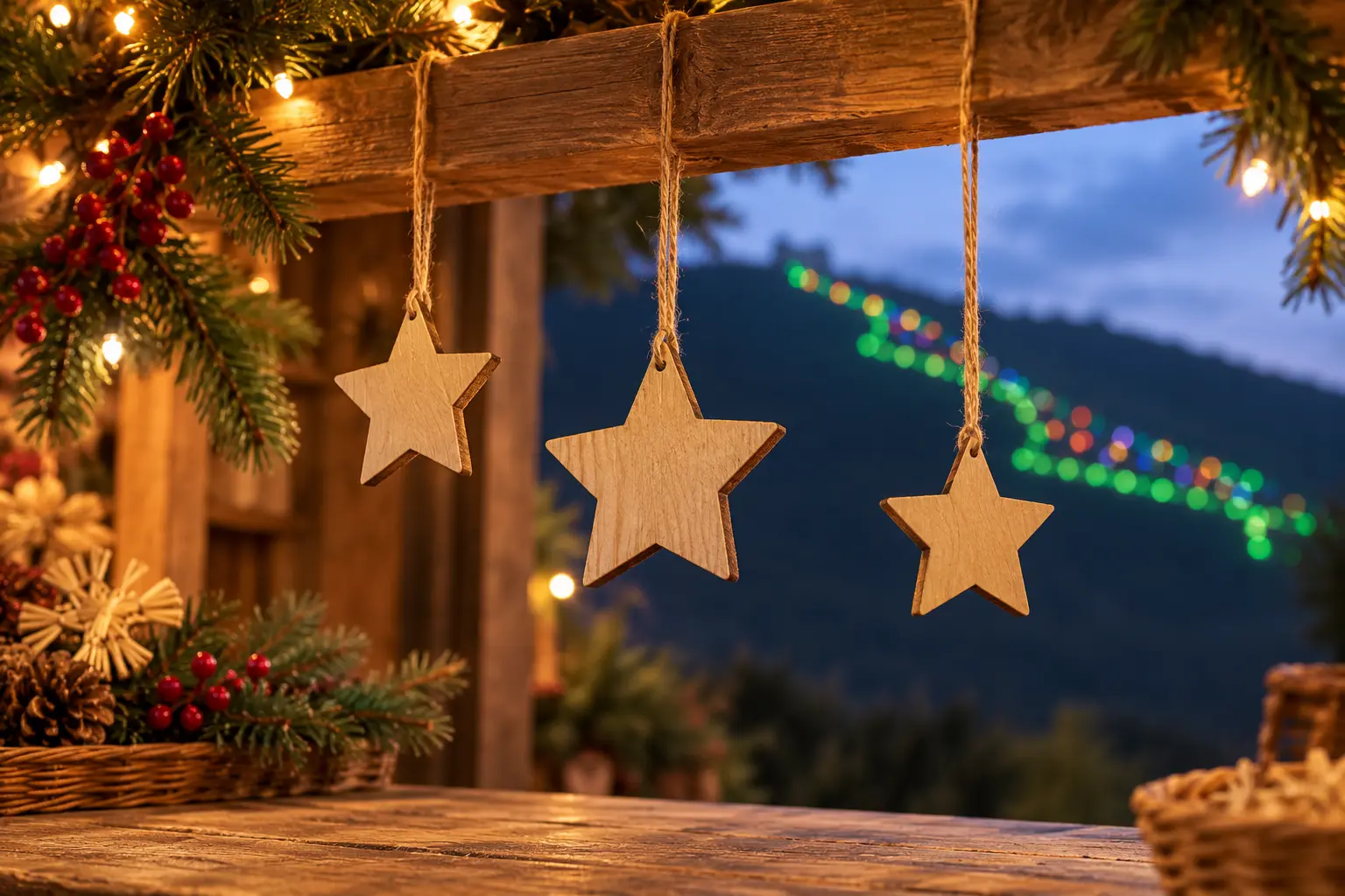 Wooden star decorations at a Christmas stall, with lights on Monte Ingino softly visible behind.