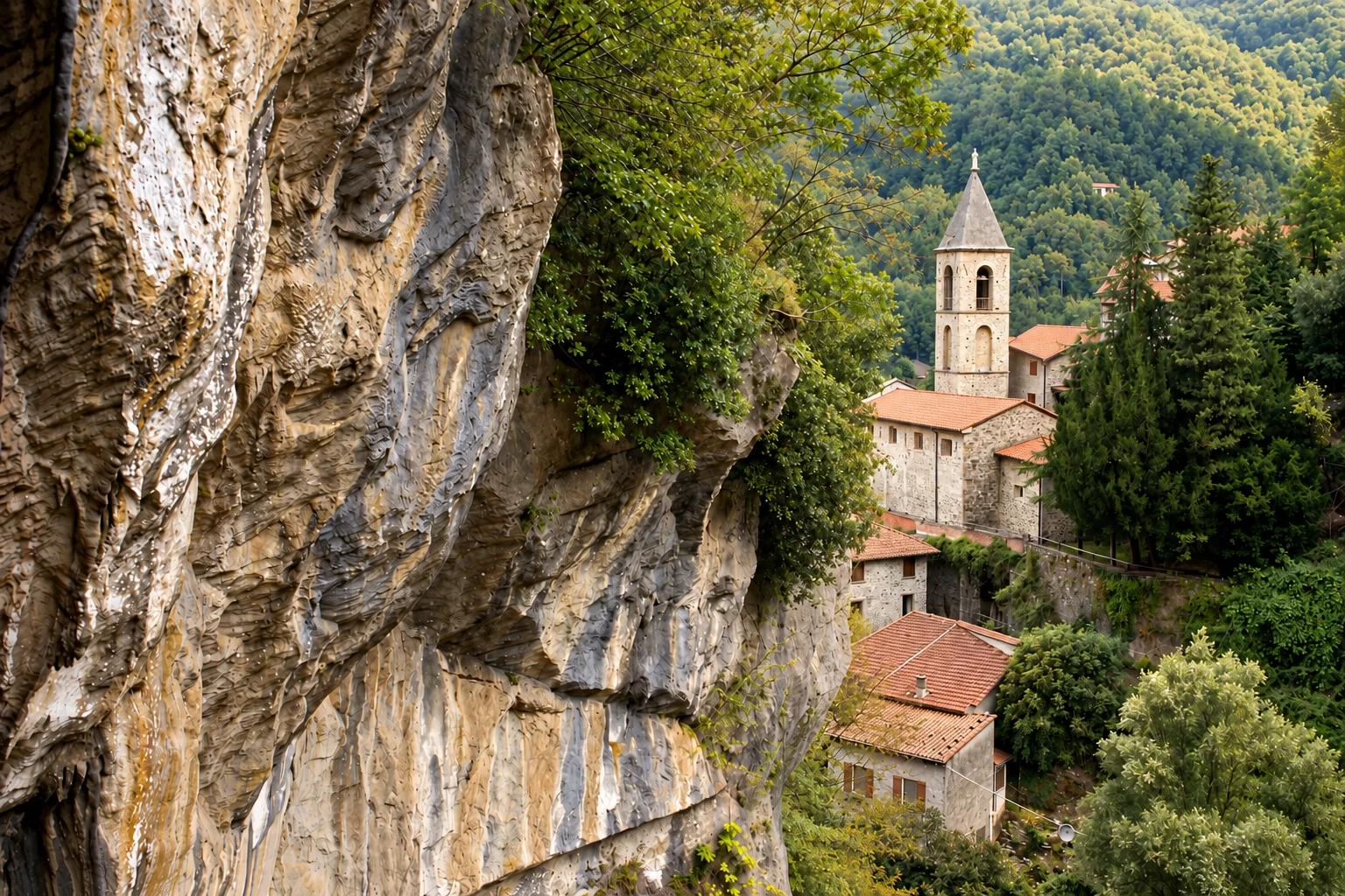 The church and bell tower of Equi Terme beside the limestone cliff