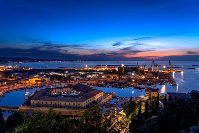 Blue hour over Ancona's harbor and the Mole Vanvitelliana