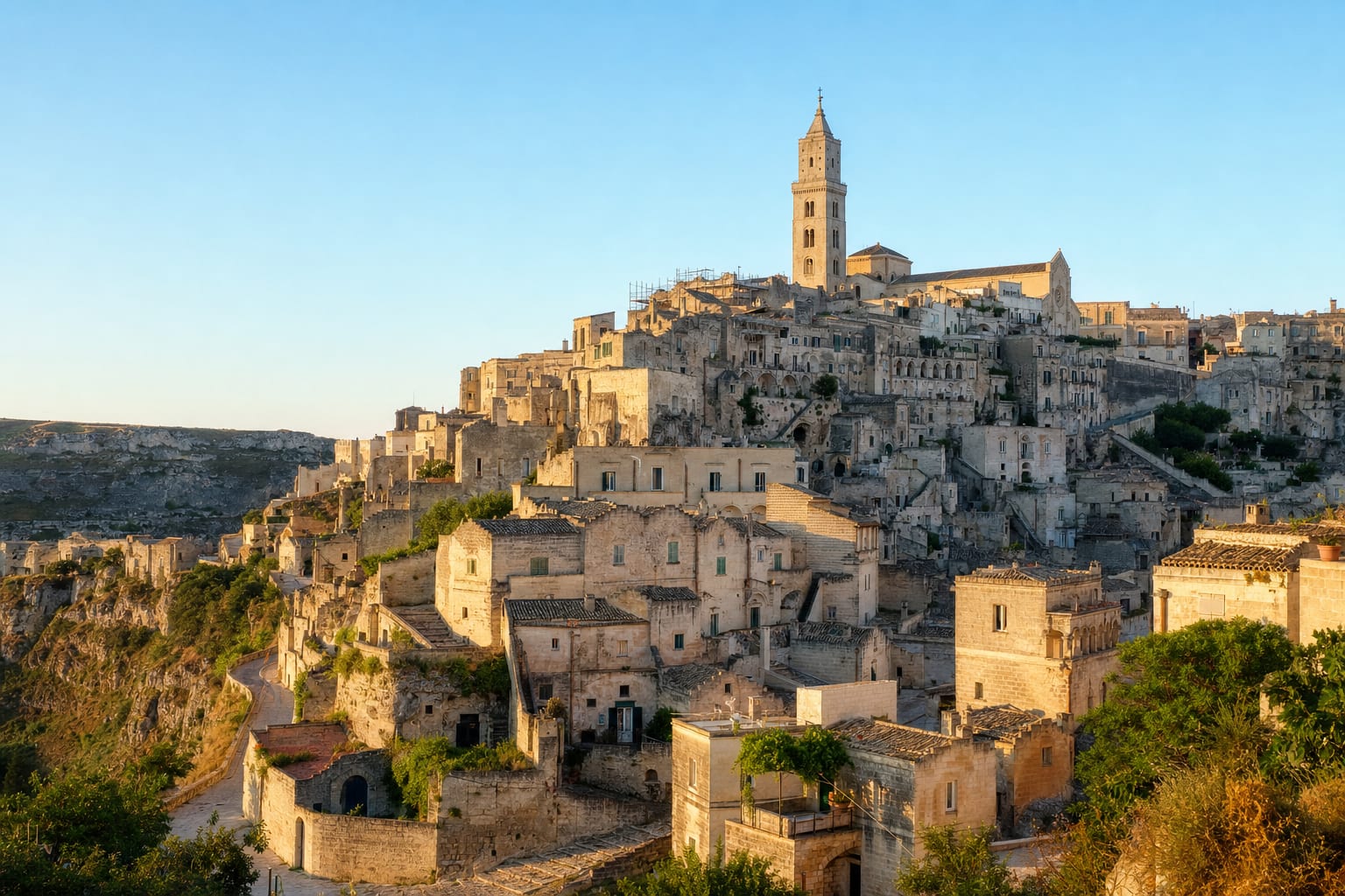 The Sassi of Matera stacked in pale stone below the cathedral bell tower