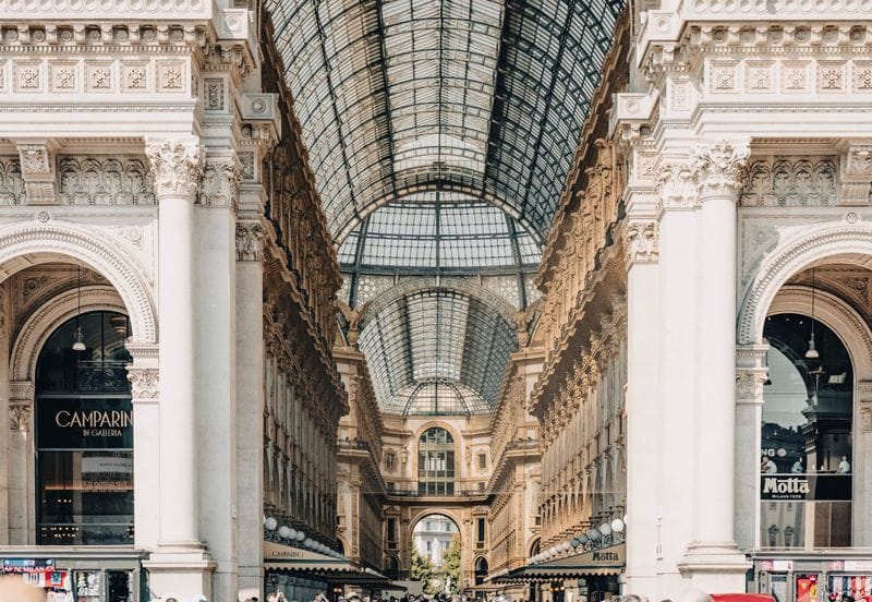 Under the glass vaults of the Galleria Vittorio Emanuele II, Milan
