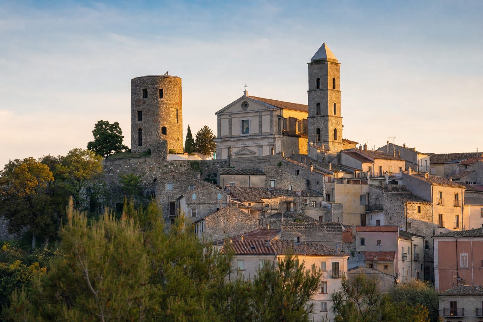 Potenza's old town on its ridge, with Torre Guevara and the cathedral bell tower