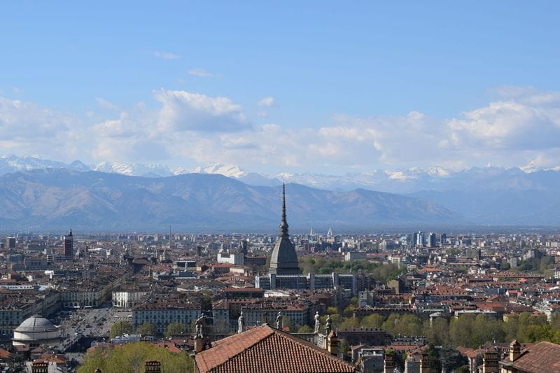 Turin and the Mole Antonelliana against the snowy Alps
