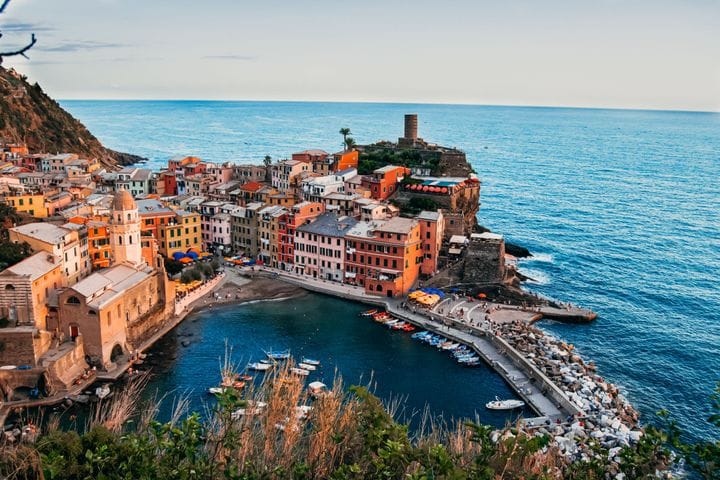 Vernazza's harbor square at golden hour