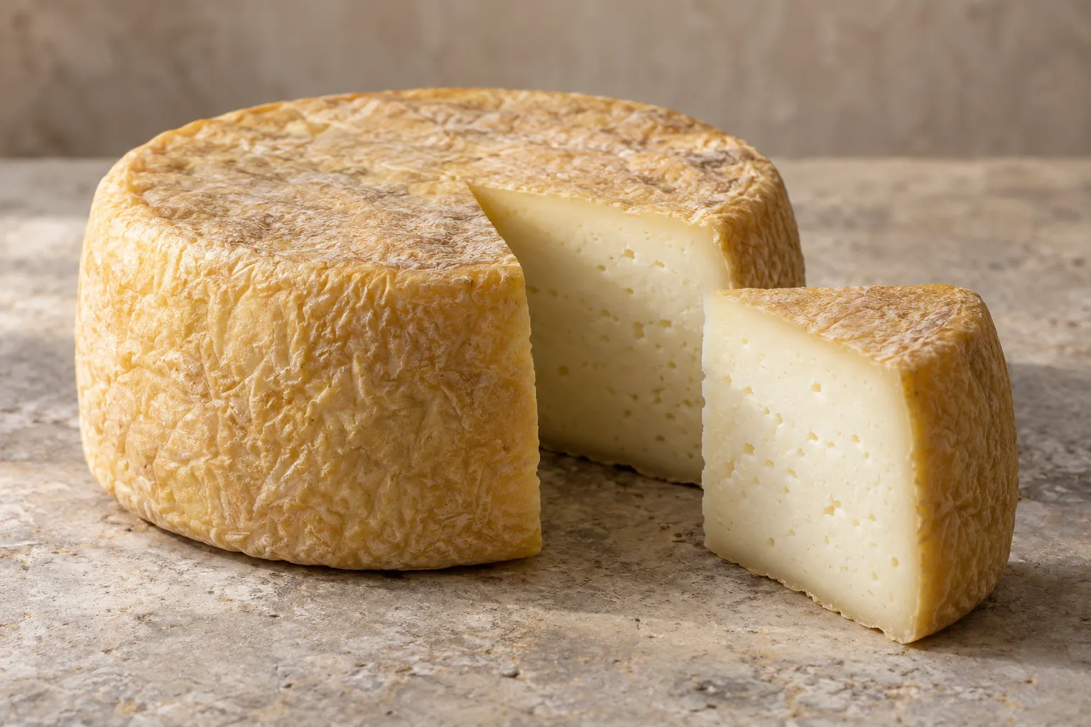 Pecorino di Picinisco Scamosciato with a thin wrinkled rind and a cut wedge.