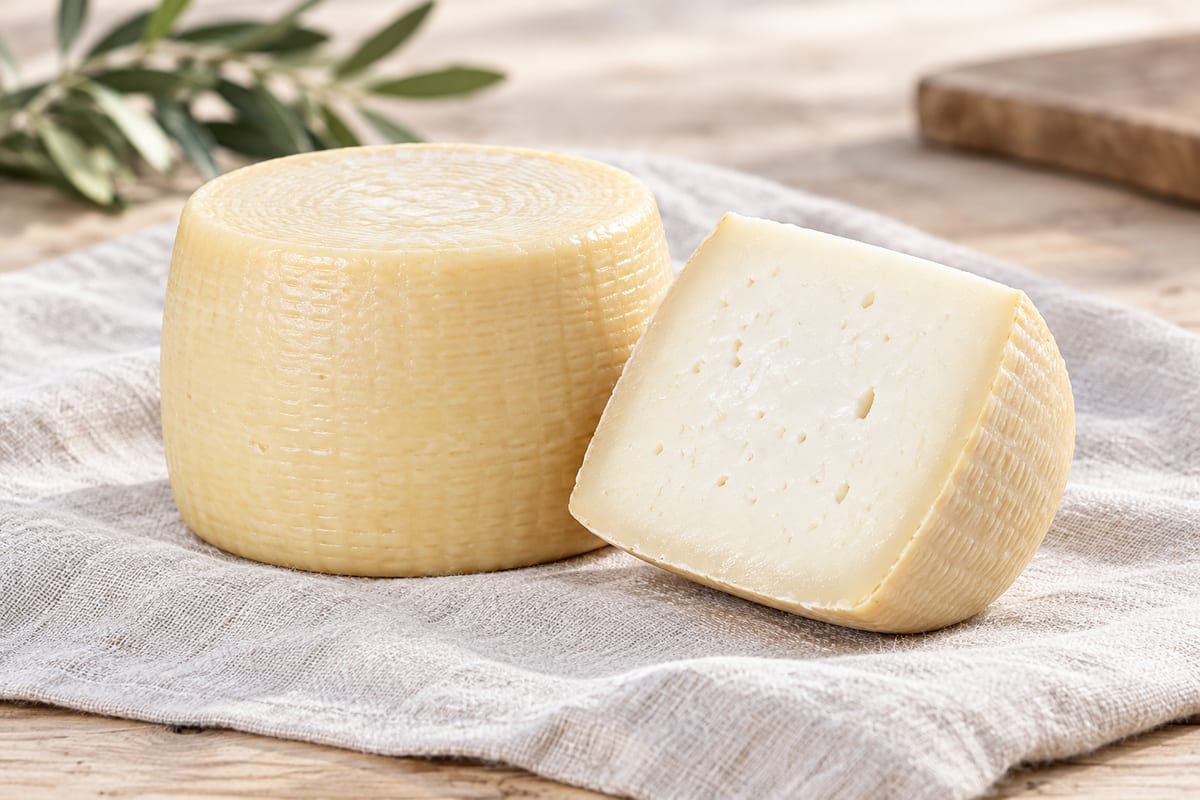 A young wheel of fresh Pecorino Toscano with a thin pale rind beside a cut half with a soft white interior