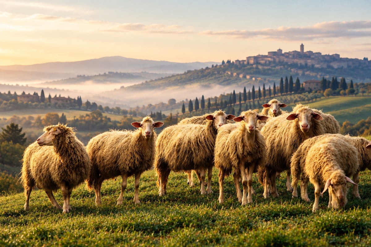 A flock of long-fleeced dairy sheep on a green hillside near Montepulciano at dawn