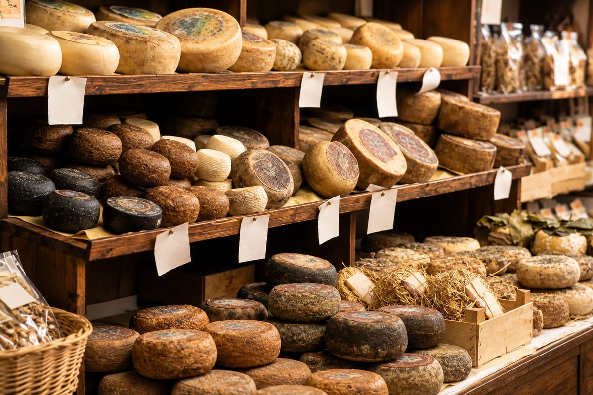 Wooden shelves of whole pecorino wheels with many different rinds in a Tuscan cheese shop
