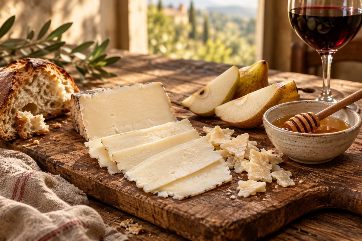 Slices of fresh pecorino and flakes of aged pecorino with pear, honey, bread and a glass of red wine