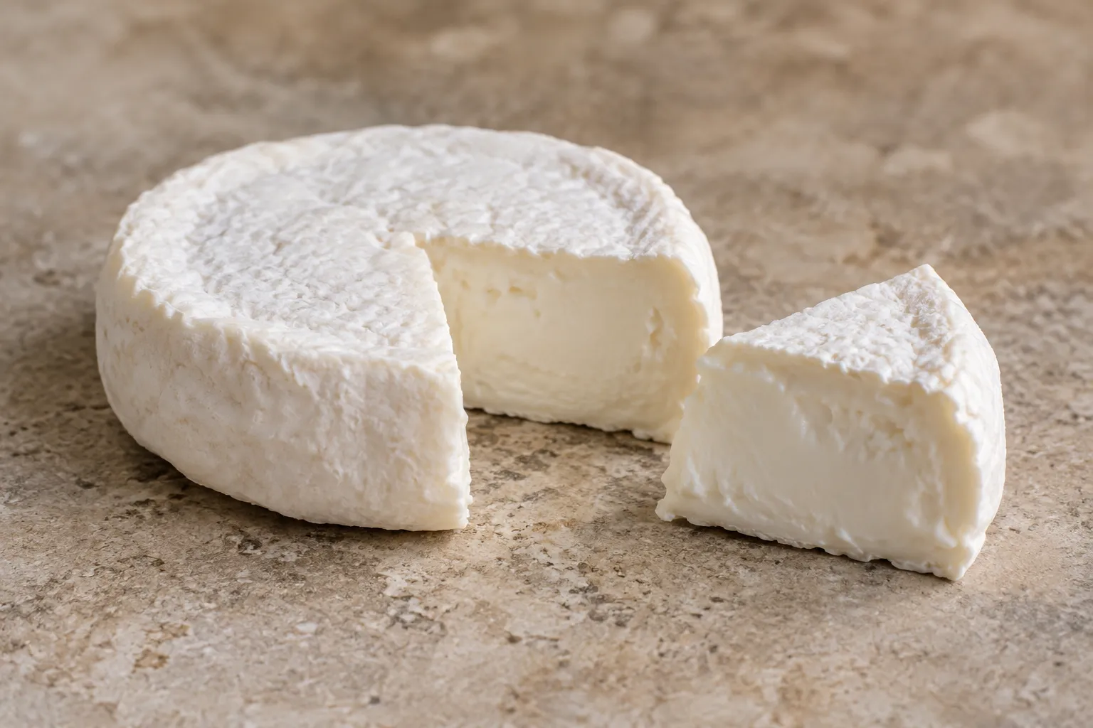 Fresh Roccaverano round with a cut section revealing its soft white paste.