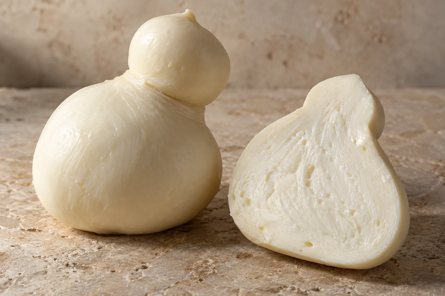 White scamorza with a small head and pear-shaped body, shown whole and cut.