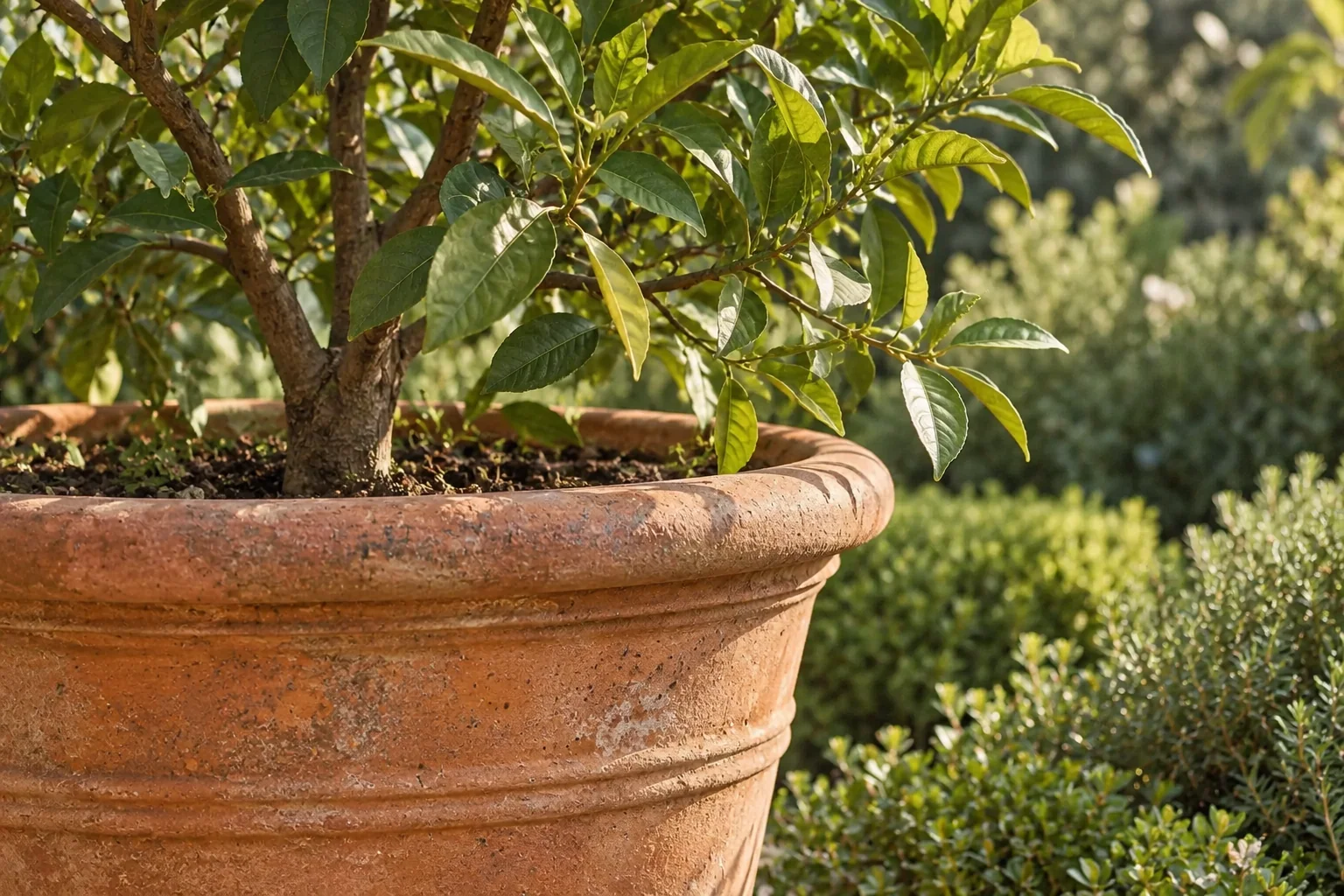 Agrumi all’Isolotto: Un dettaglio delle foglie di agrume e di un vaso in terracotta all’Isolotto di Boboli.