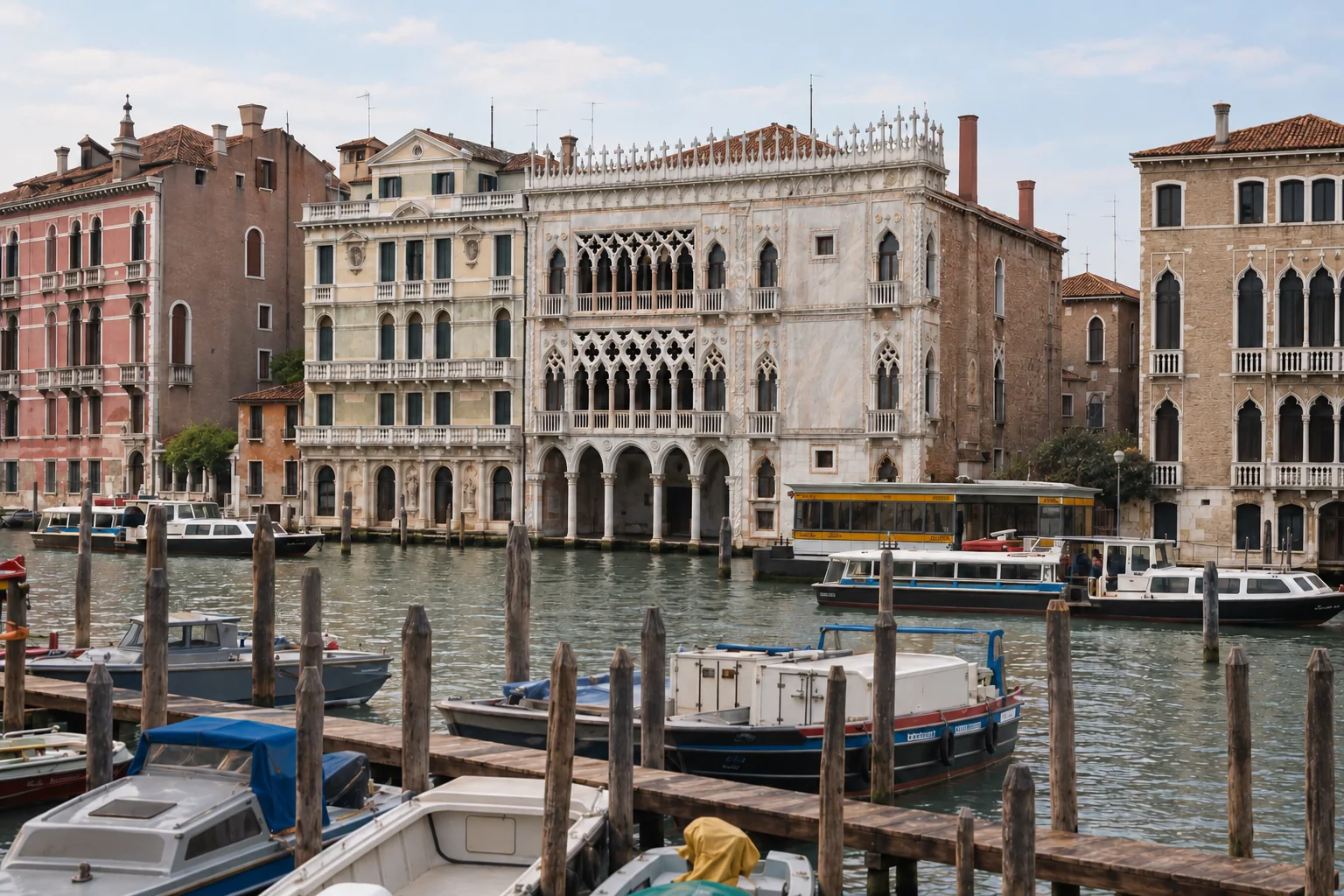 Pale Gothic palace with three stacked open loggias beside neighbouring palaces, canal boats and mooring poles.