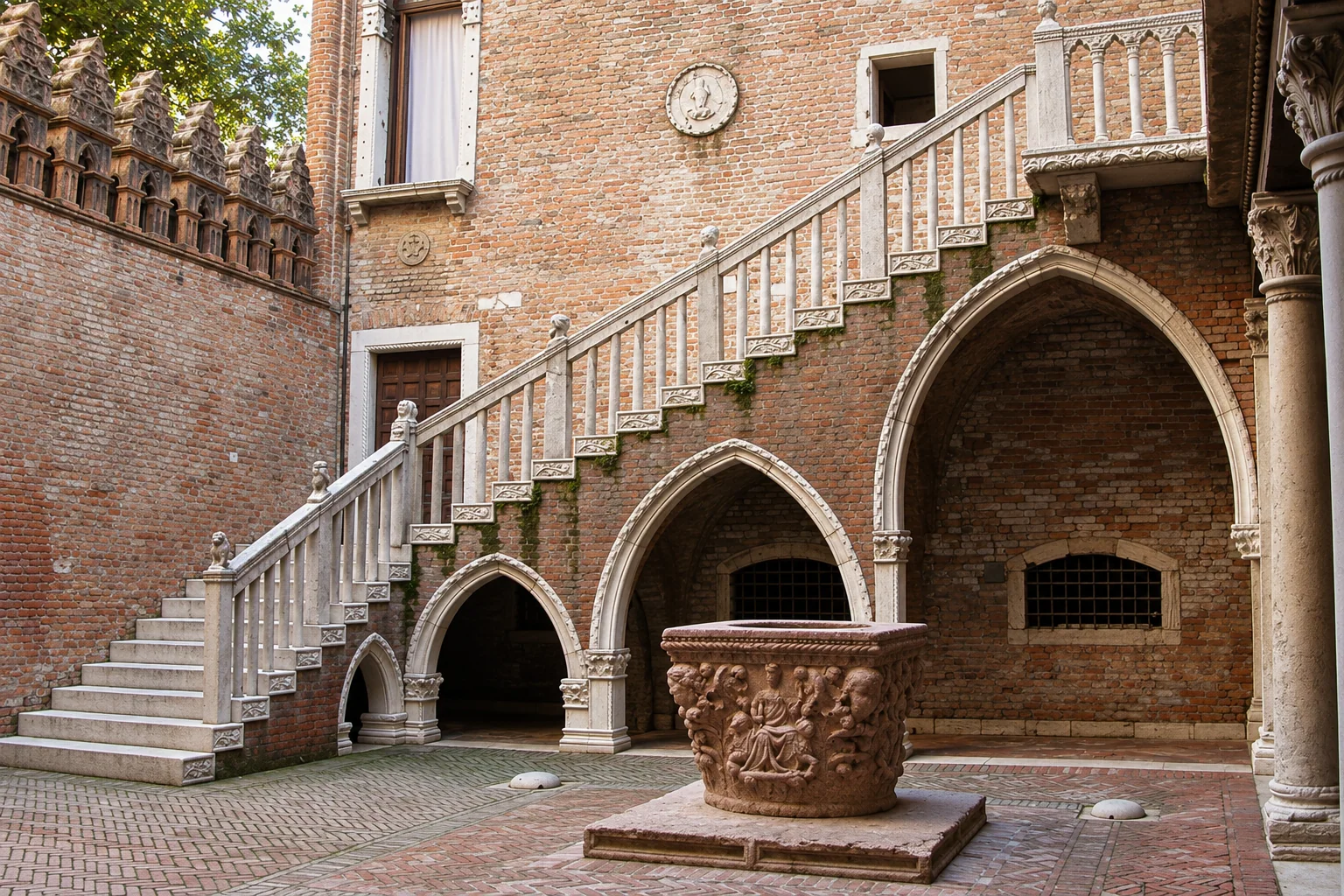 Pale diagonal staircase over four pointed openings against brick walls, with a carved pink-brown wellhead on a square plinth.