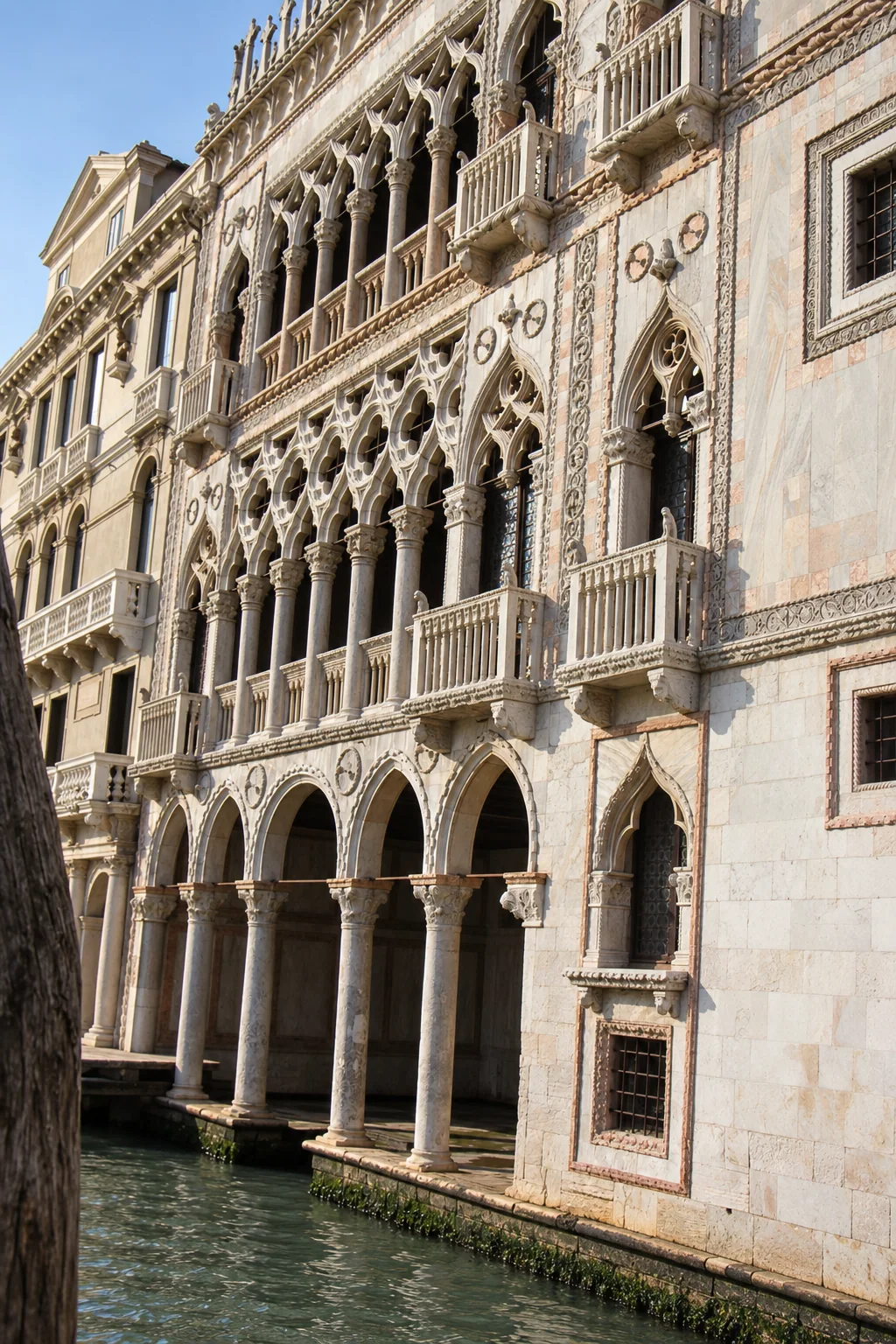 Oblique close view of pointed and trefoil loggia arches, narrow columns, balustrades and a solid marble wall with windows.