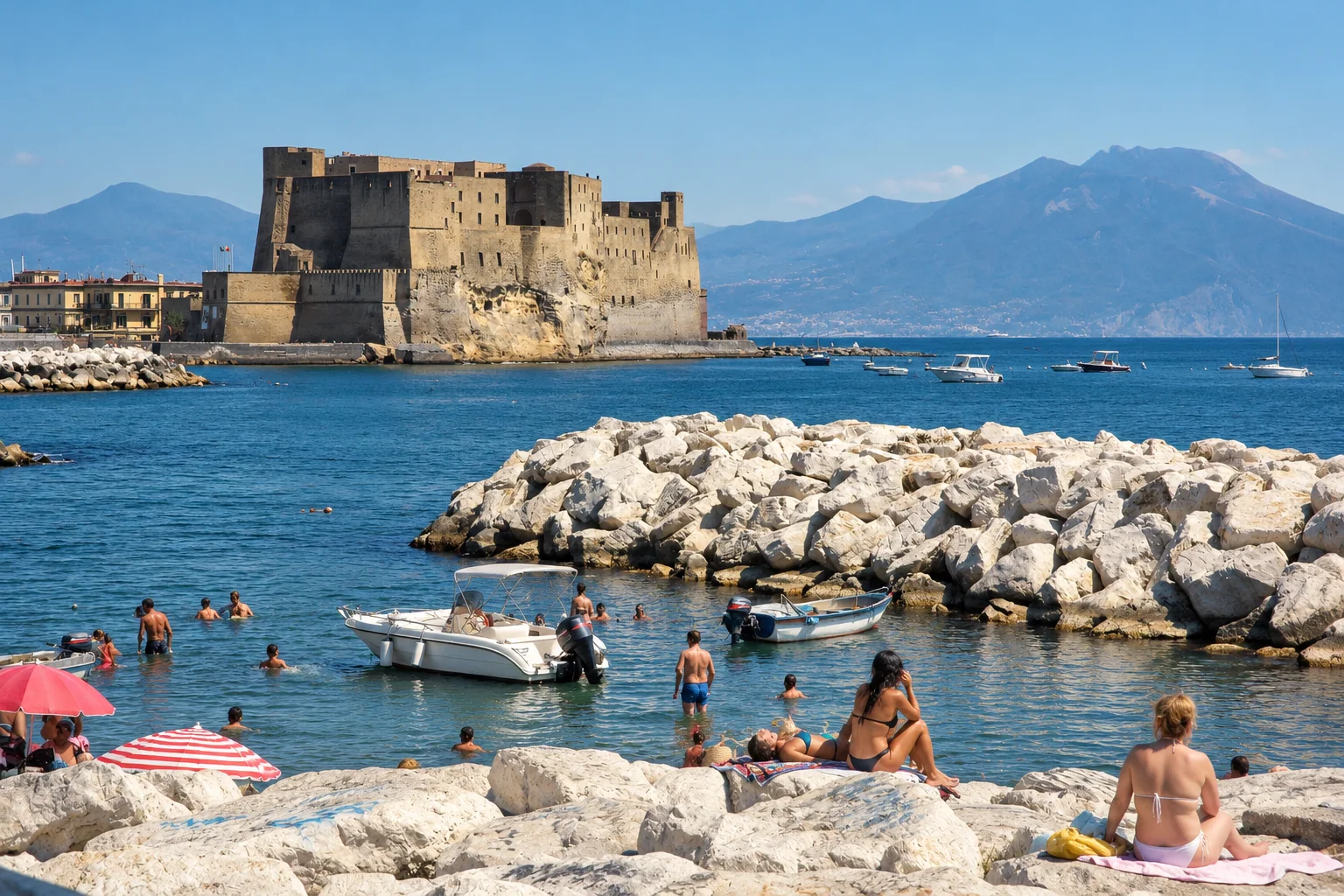 Seen from the Colonna Spezzata shore, the castle belongs to a wider landscape of water, rock and mountain horizon.