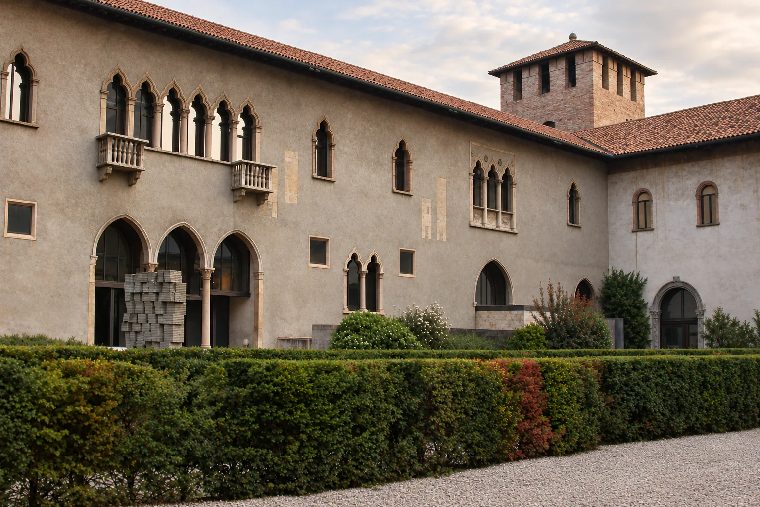 Interior courtyard at Castelvecchio, with pointed Gothic openings, an upper brick tower and a clipped hedge beside a gravel path.
