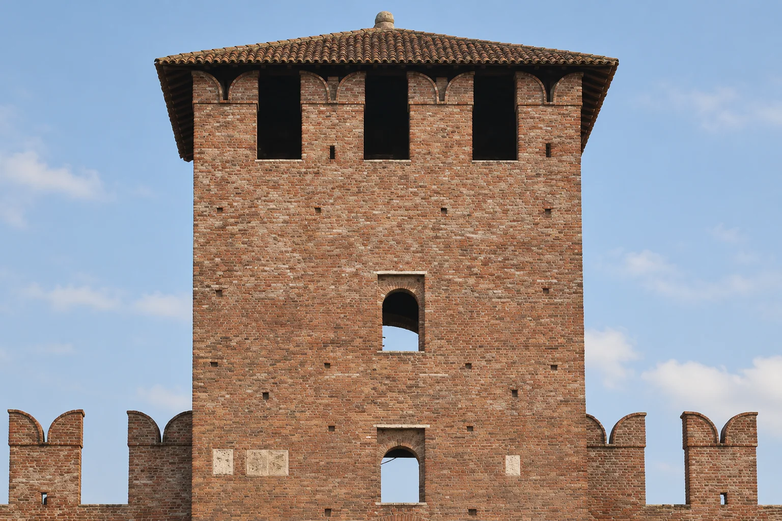 Upper part of Castelvecchio’s brick entrance tower, with three rectangular openings beneath a tiled roof and two small arched windows below.