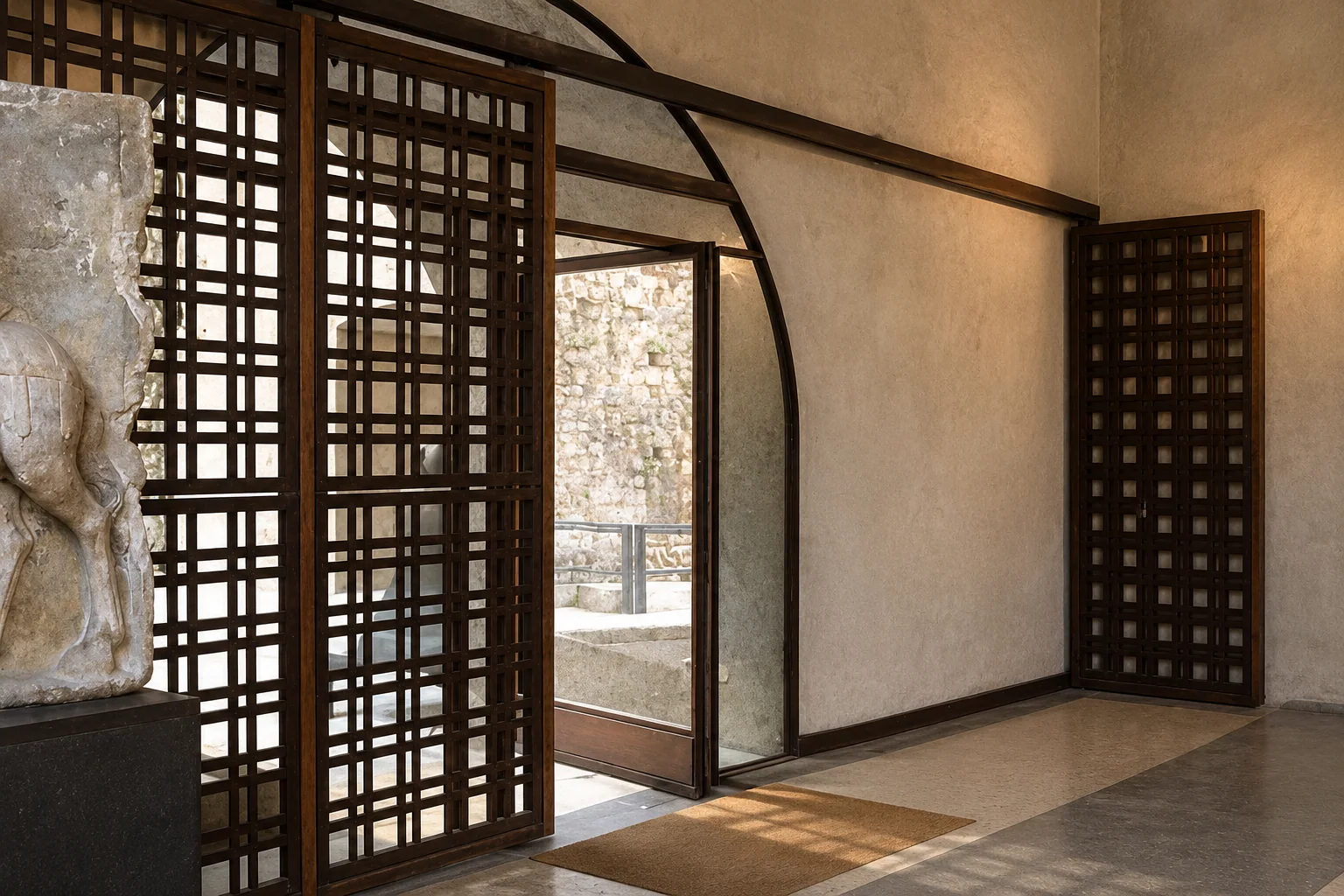 Dark square-lattice panels around an open glass doorway inside Castelvecchio, with pale walls and courtyard masonry beyond.