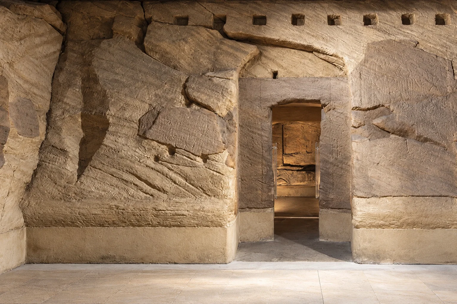 Sandstone wall with irregular block joints, small upper square holes and a narrow rectangular doorway opening into a darker stone space.