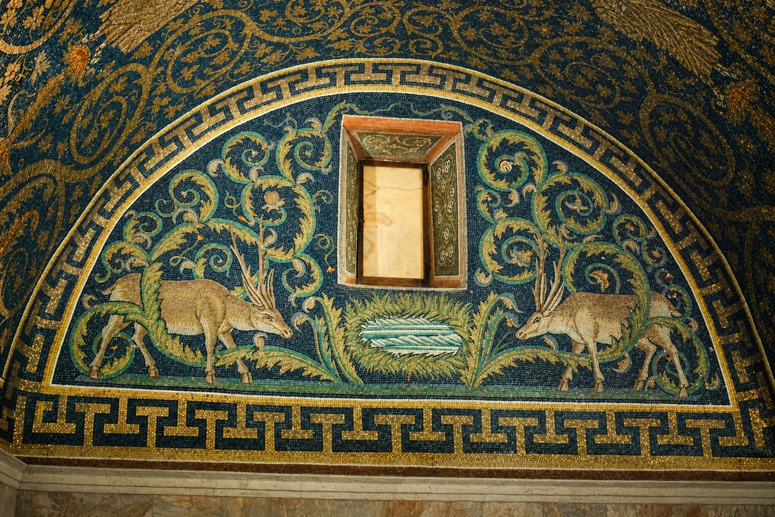 Two antlered deer face a blue-green spring below a rectangular alabaster window amid green and gold vine scrolls.