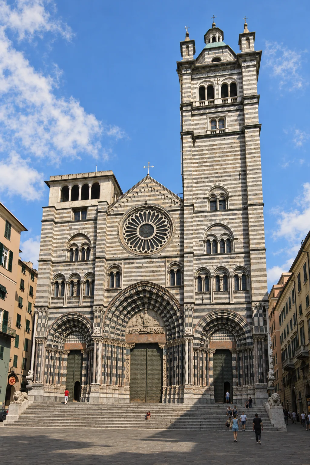 Striped cathedral facade with a central rose window, three portals, a low left loggia and tall right bell tower.