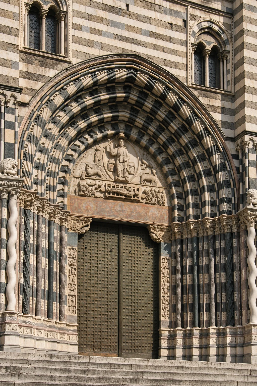 Deep pointed portal with alternating pale and dark archivolts, relief bands, varied stone columns and a square-paneled door.
