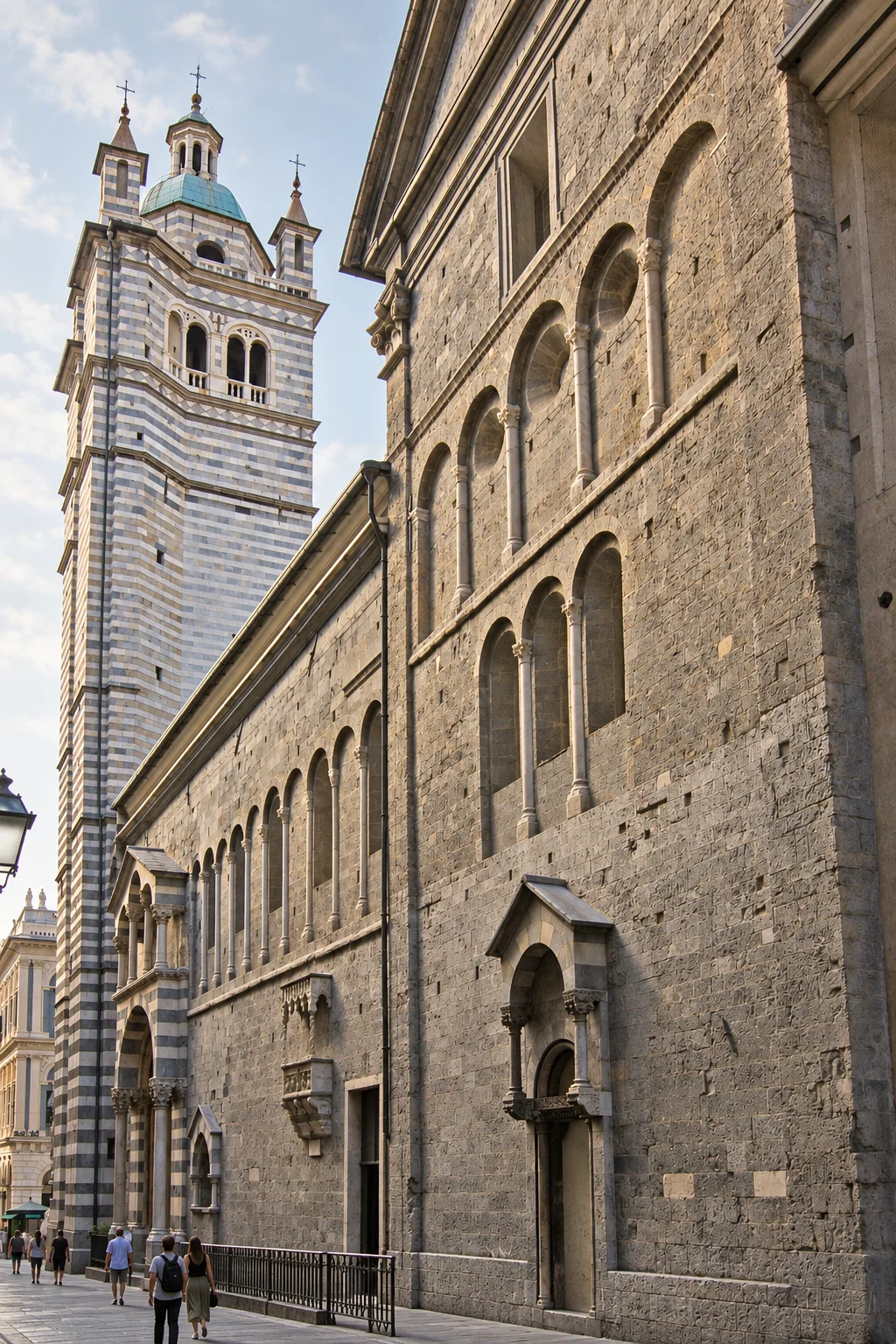 Oblique rough stone wall with repeated blind arches, a small gabled wall niche and striped bell tower at the far left.