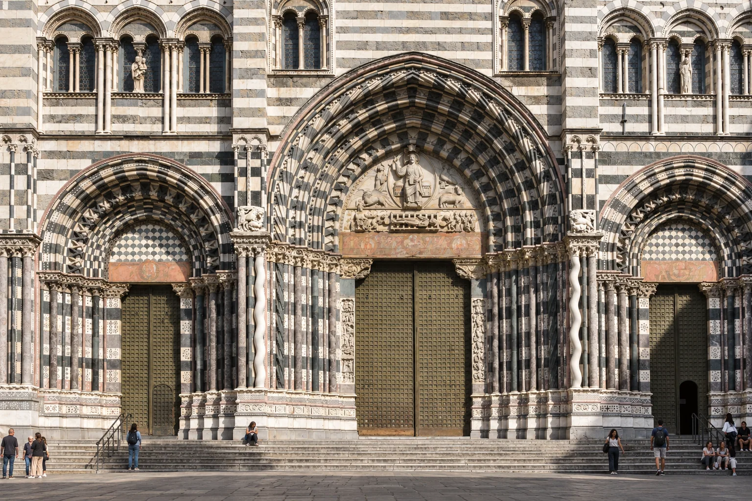 Three recessed portal bays with a taller pointed center arch, patterned side lunettes and striped stone courses.