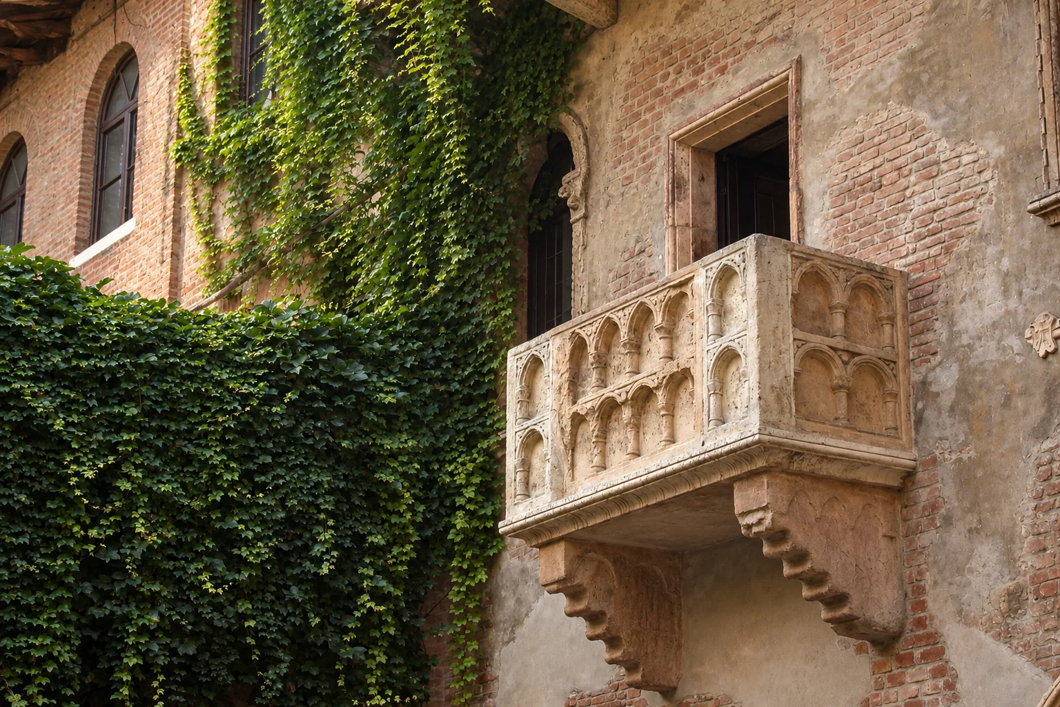Pale stone balcony with two rows of Gothic arcades, a side return and two stepped supports against a brick wall.