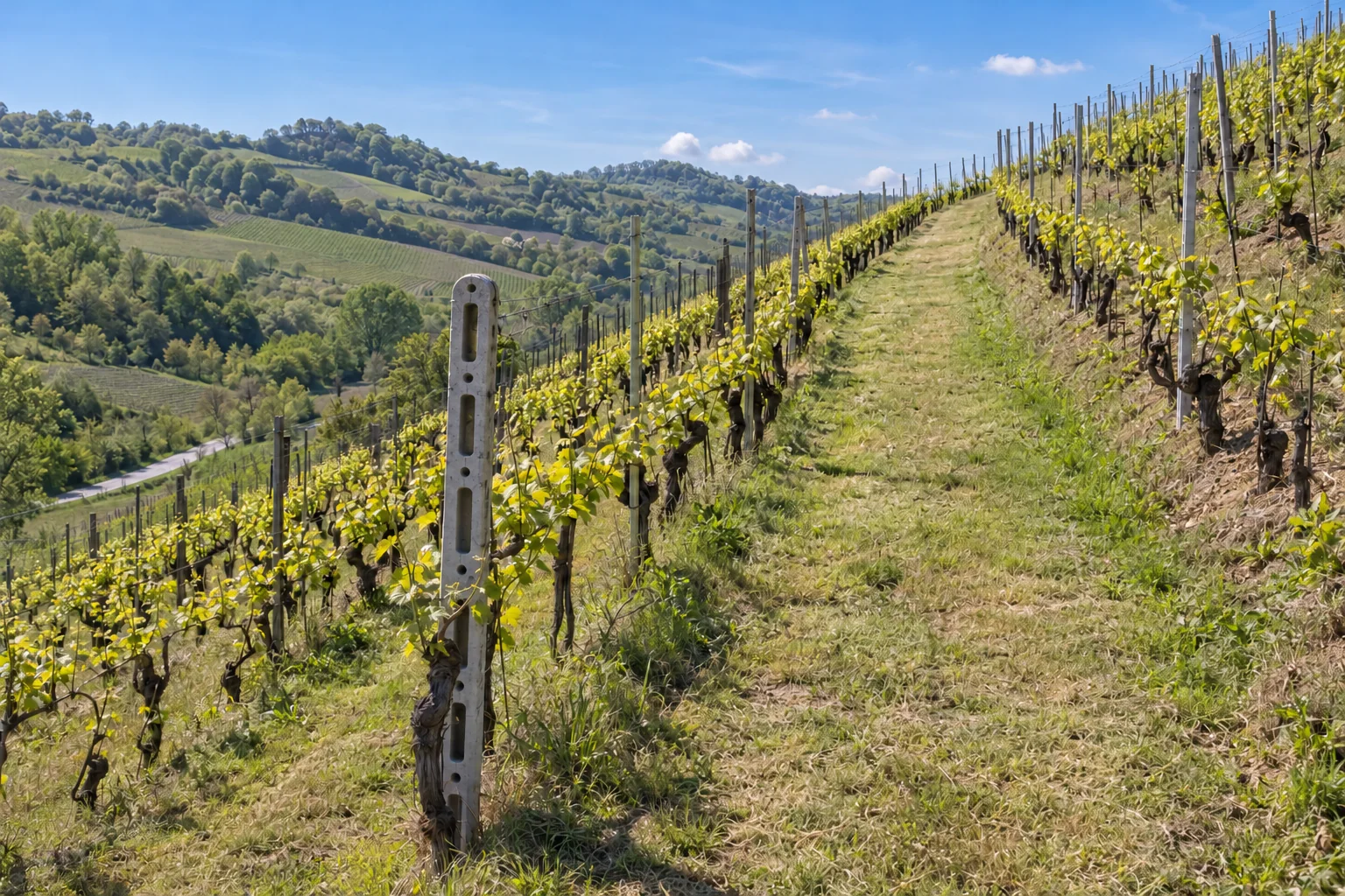 Young vines border a grassy lane climbing a hillside, with a valley and wooded hills to the left.